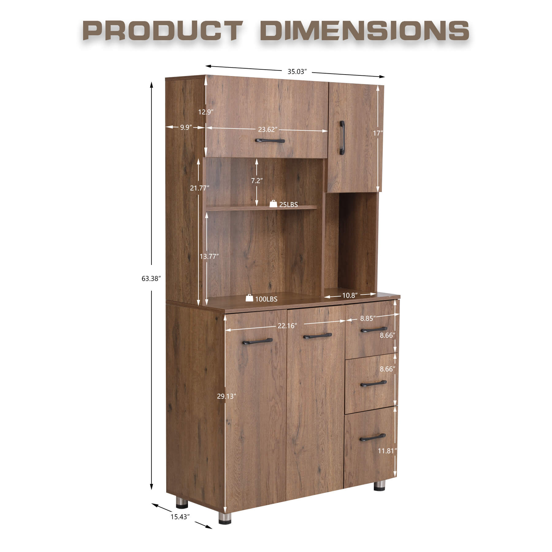 Homrest Kitchen Pantry Storage Cabinet Open Countertop and Microwave Space Brown