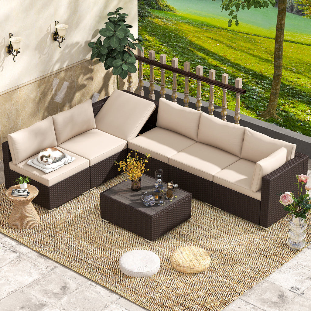 7 Pcs Outdoor Rattan Sectional Sofa w/ Adjustable Bracket, All Weather Patio Furniture Set w/ Khaki Cushion & Coffee Table