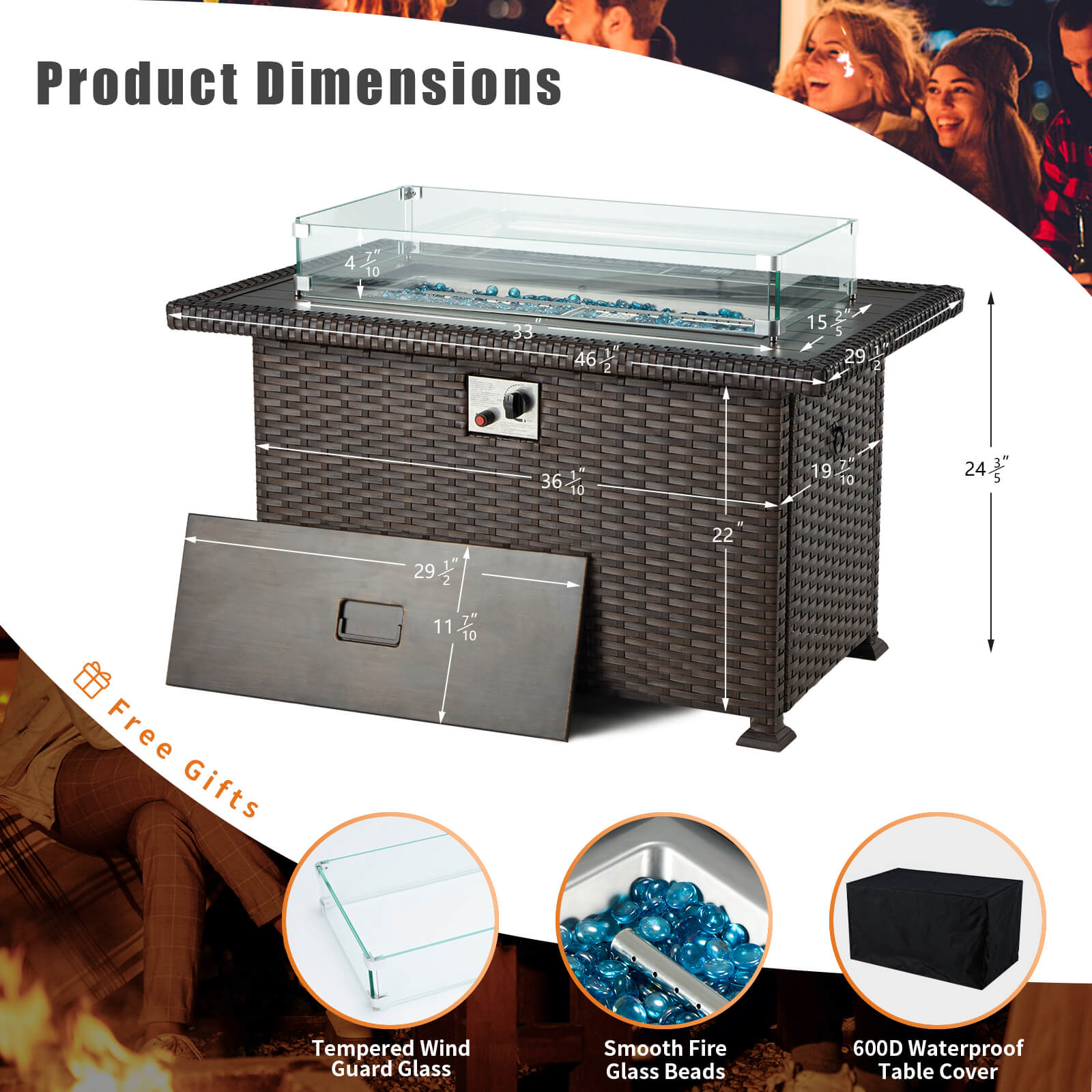 Product dimensions of Homrest patio fire pit table