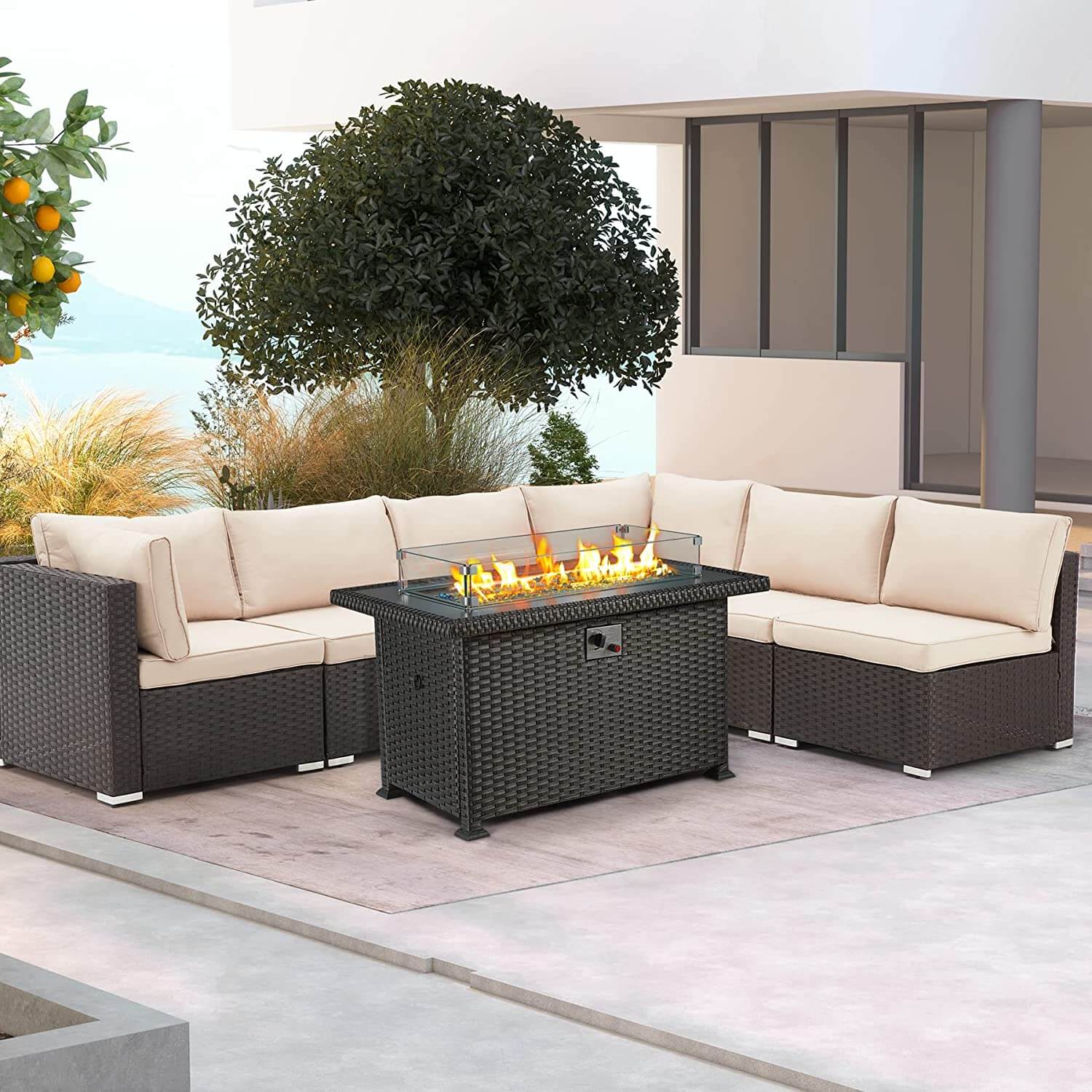  44" Propane Gas Fire Pit Table 50000 BTU Auto-Ignition with Windguard, Aluminium Tabletop, Black