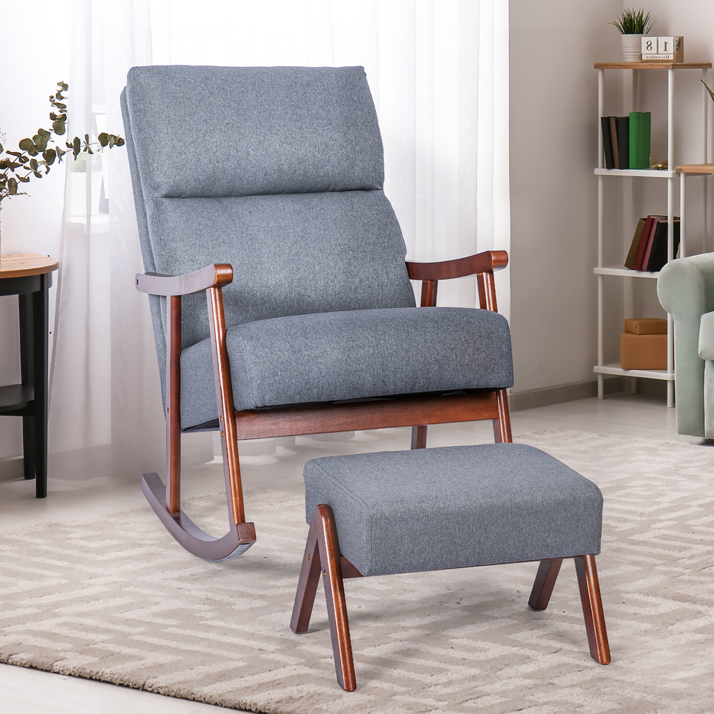 Rocking Chair with Ottoman, Mid-Century Nursery Rocking Armchair with Footrest & Thick Padded Cushion for Living Baby Room, Bedroom, Gray