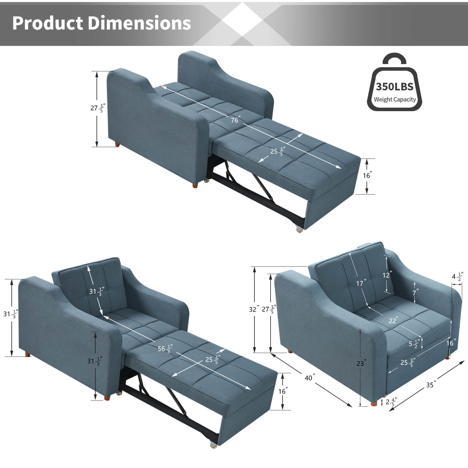 Product Dimensions of Homrest Sofa Bed