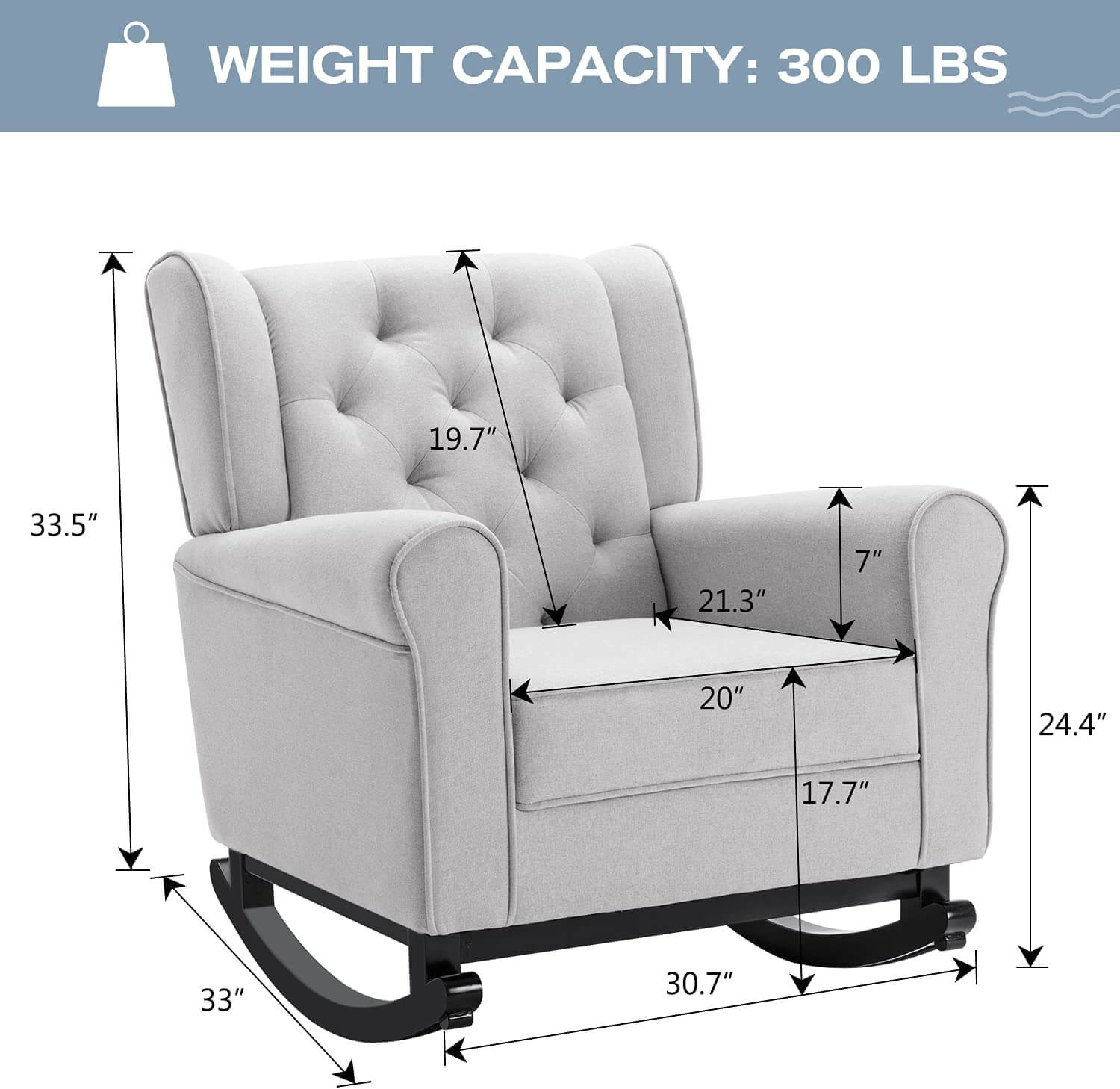 Homrest Mid Century Modern Rocking Chair, Tufted Upholstered Glider with High Back for Living Room, Gray