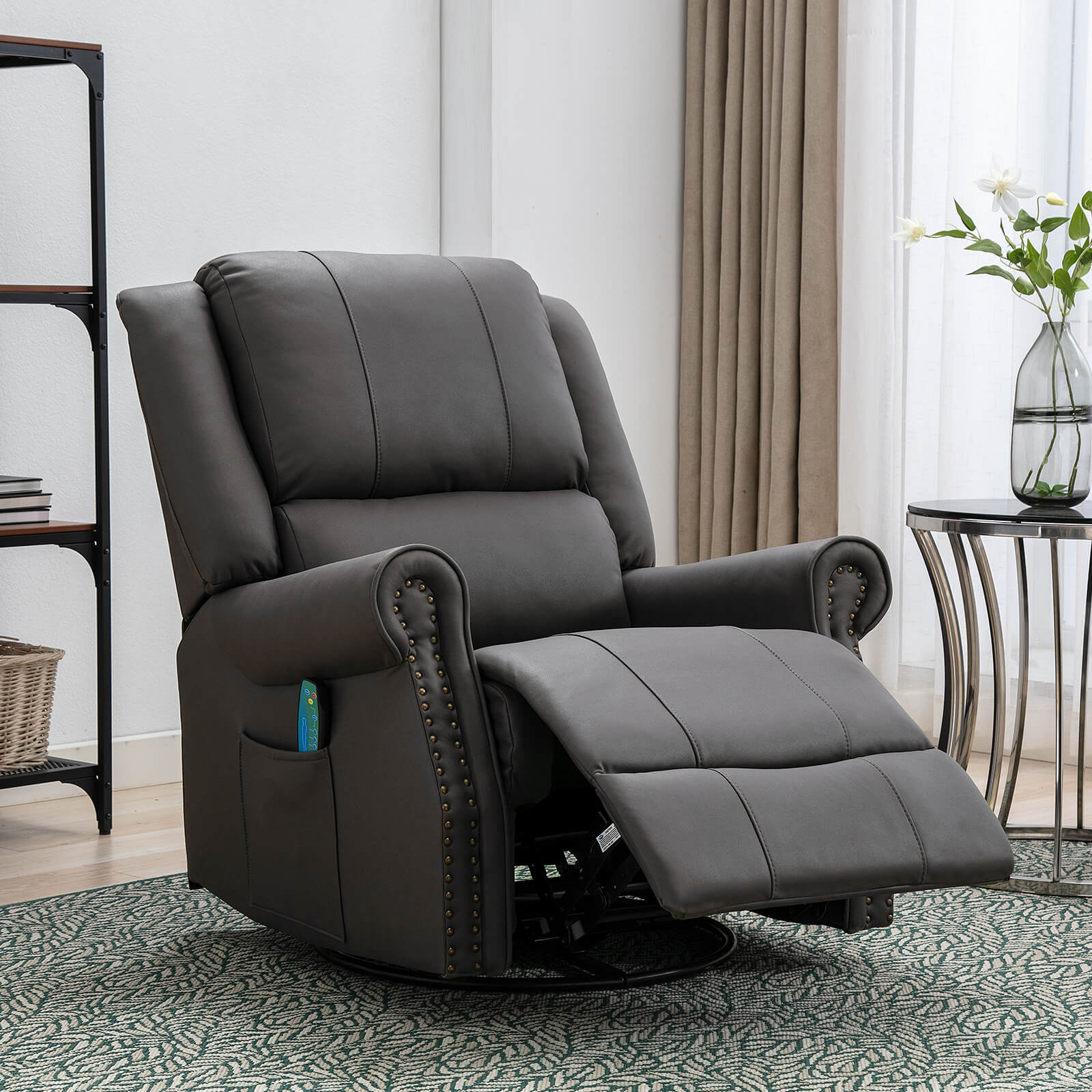 Homrest Massage Recliner Chair 360°Swivel Heated, Faux Leather Ergonomic Recling Sofa with Rivet Decoration for Living Room, Dark Gray
