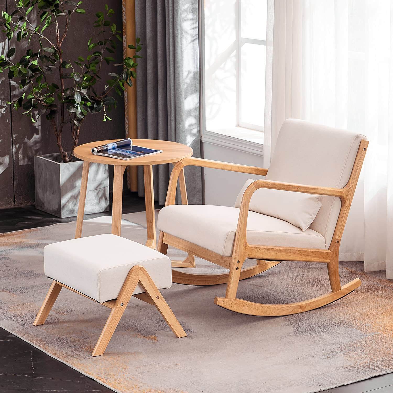 Homrest Fabric Rocking Chair, Mid-Century Glider Rocker with Padded Seat, with Ottoman, Seat Wood Base, Linen Accent Chair for Living Room