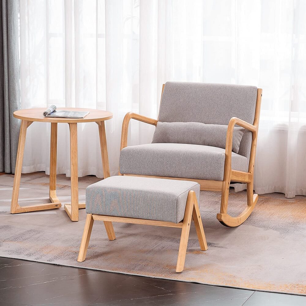 Homrest Fabric Rocking Chair Mid-Century Glider Rocker with Padded Seat, with Ottoman Linen Accent Chair Gray