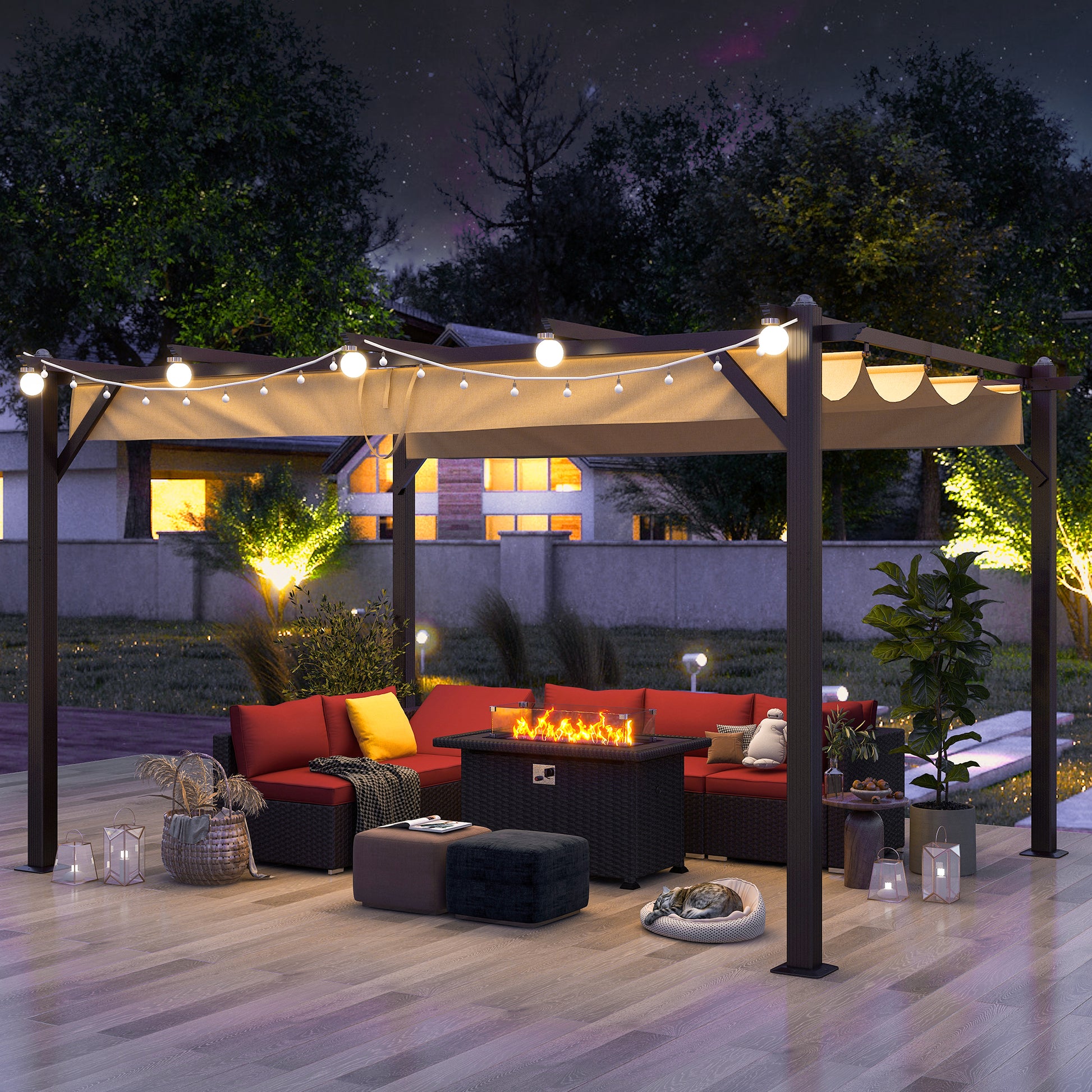 Homrest 13' X 10' Retractable Pergola, Patio Gazebo Grape Trellis with Removable Sun Shade Canopy（Khaki）