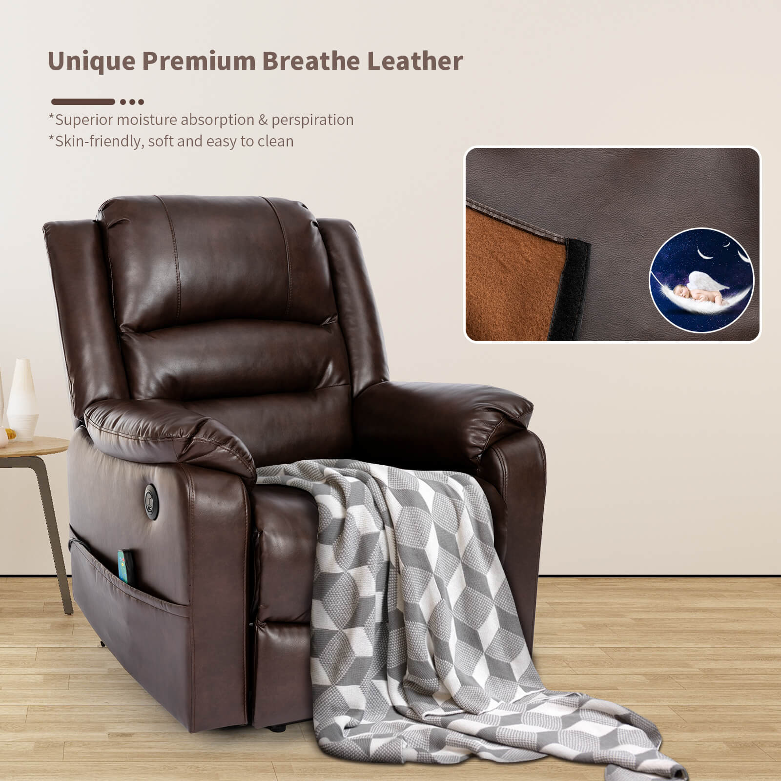 Homrest power lift recliner chair with side pockets for elderly, brown