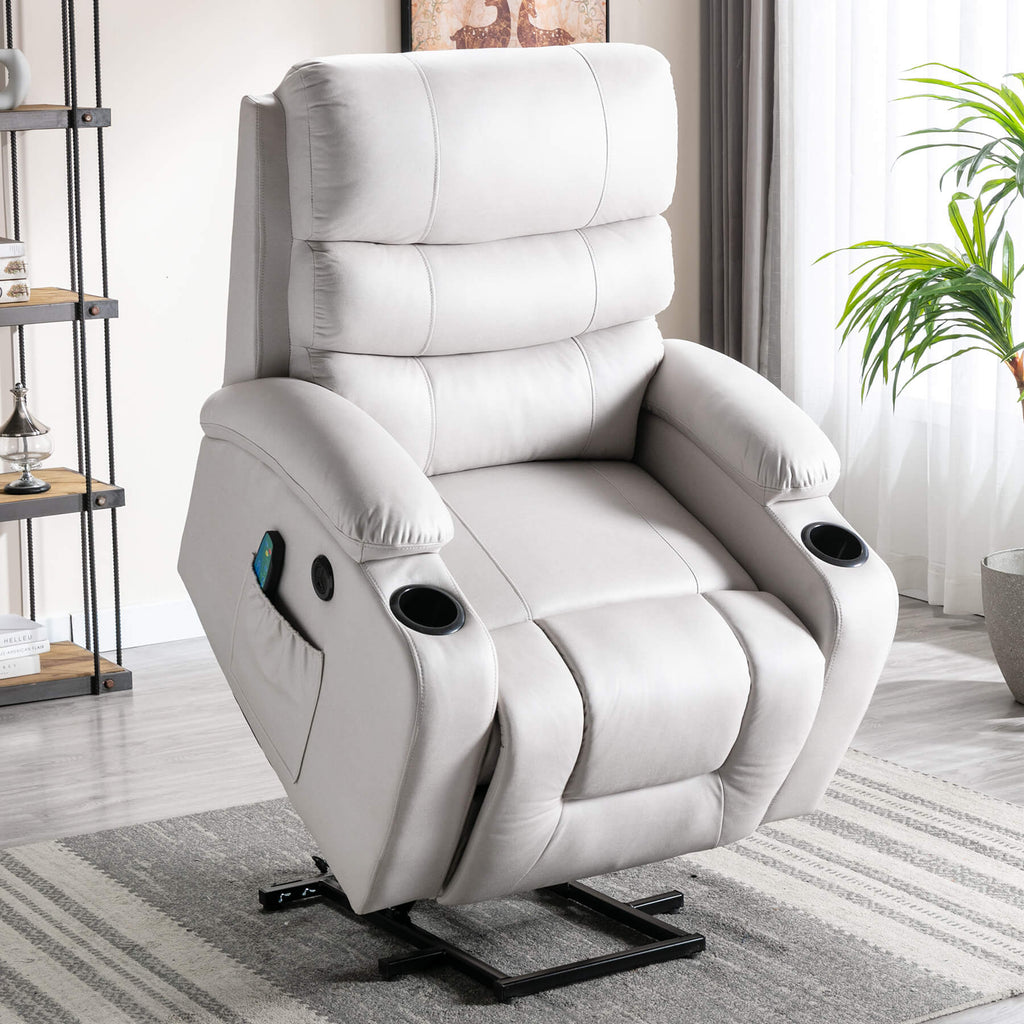 Power Lift Chair Recliner for Elderly with Massage & Heat, Microfiber Recliner Chair with 2 Pockets, Cup Holders & USB Port (Beige White)