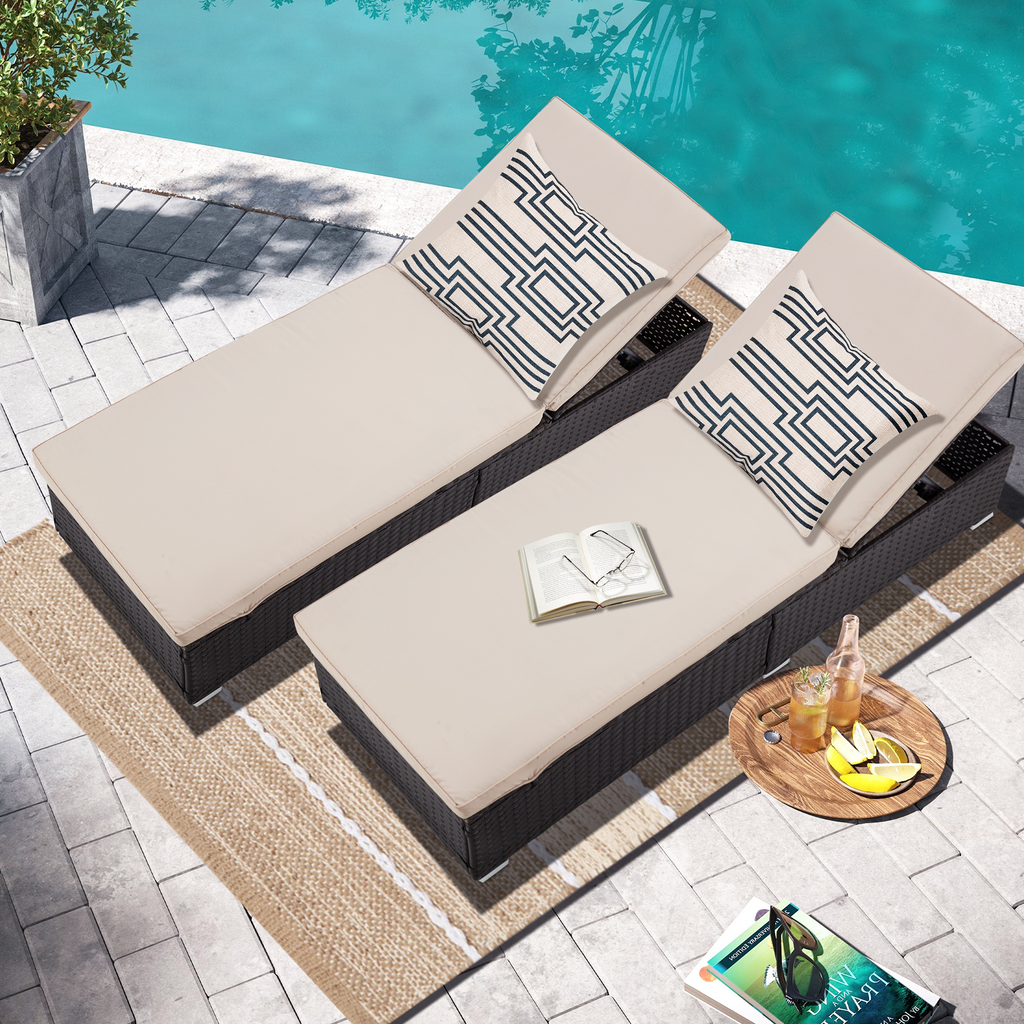 HOMREST Patio Lounge Chair Set of 2 for Outdoor, Adjustable Outdoor Chaise Loungers with Cushions & Pillow - Khaki