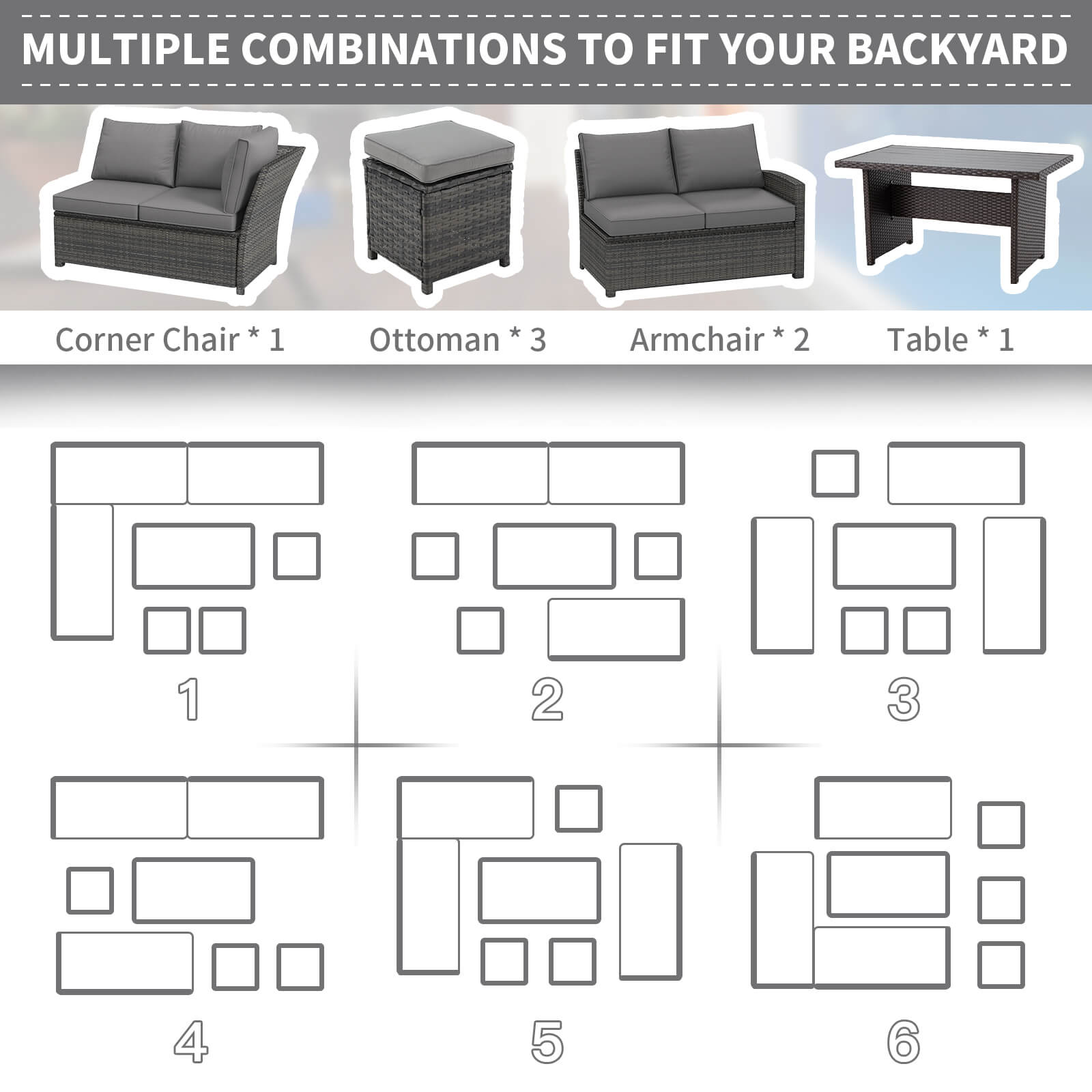 7 Pieces Patio Furniture Set, Outdoor Sectional Dining Set with Table & 3 Ottomans(Grey) | Homrest