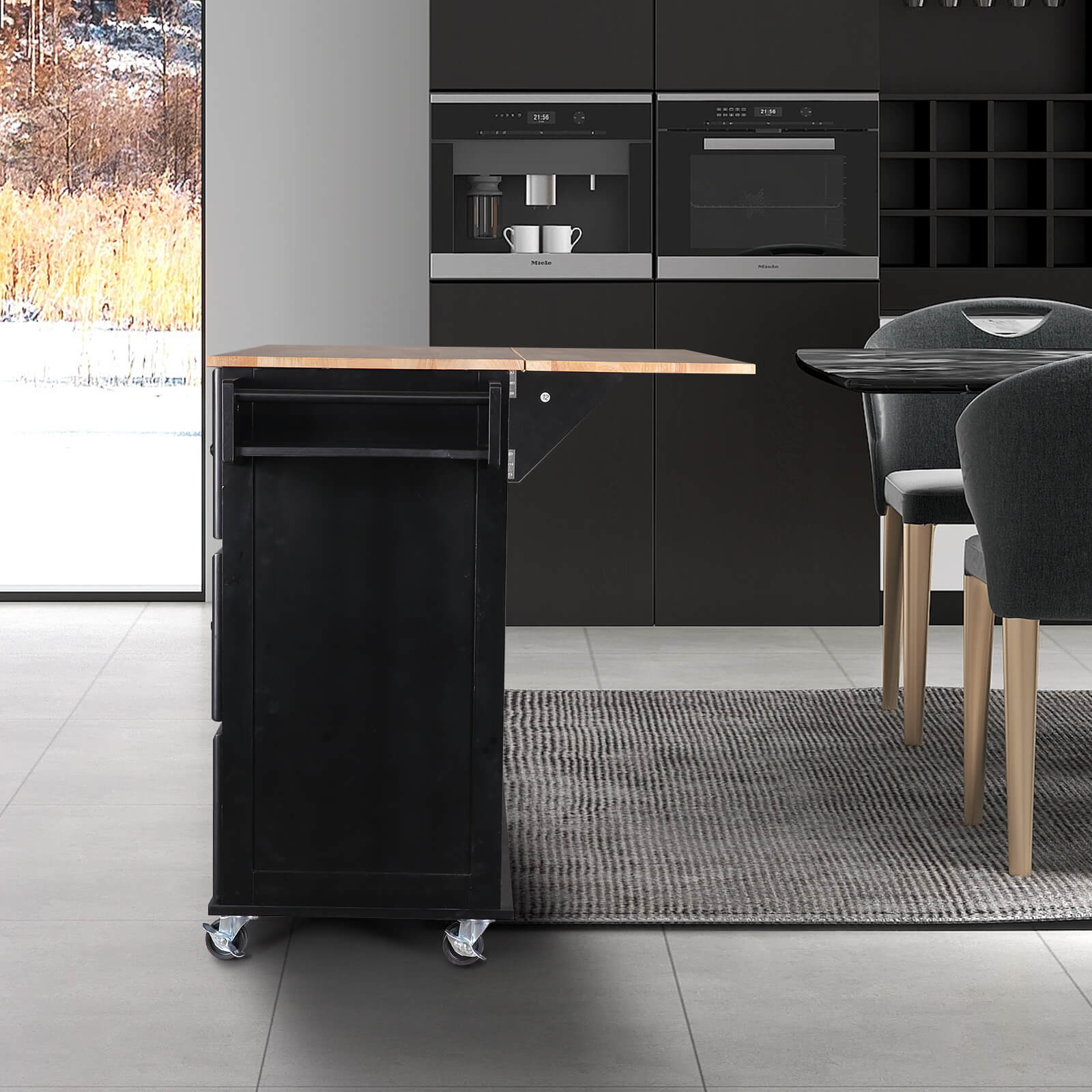Homrest kitchen island rolling mobile Island with wooden countertop, black