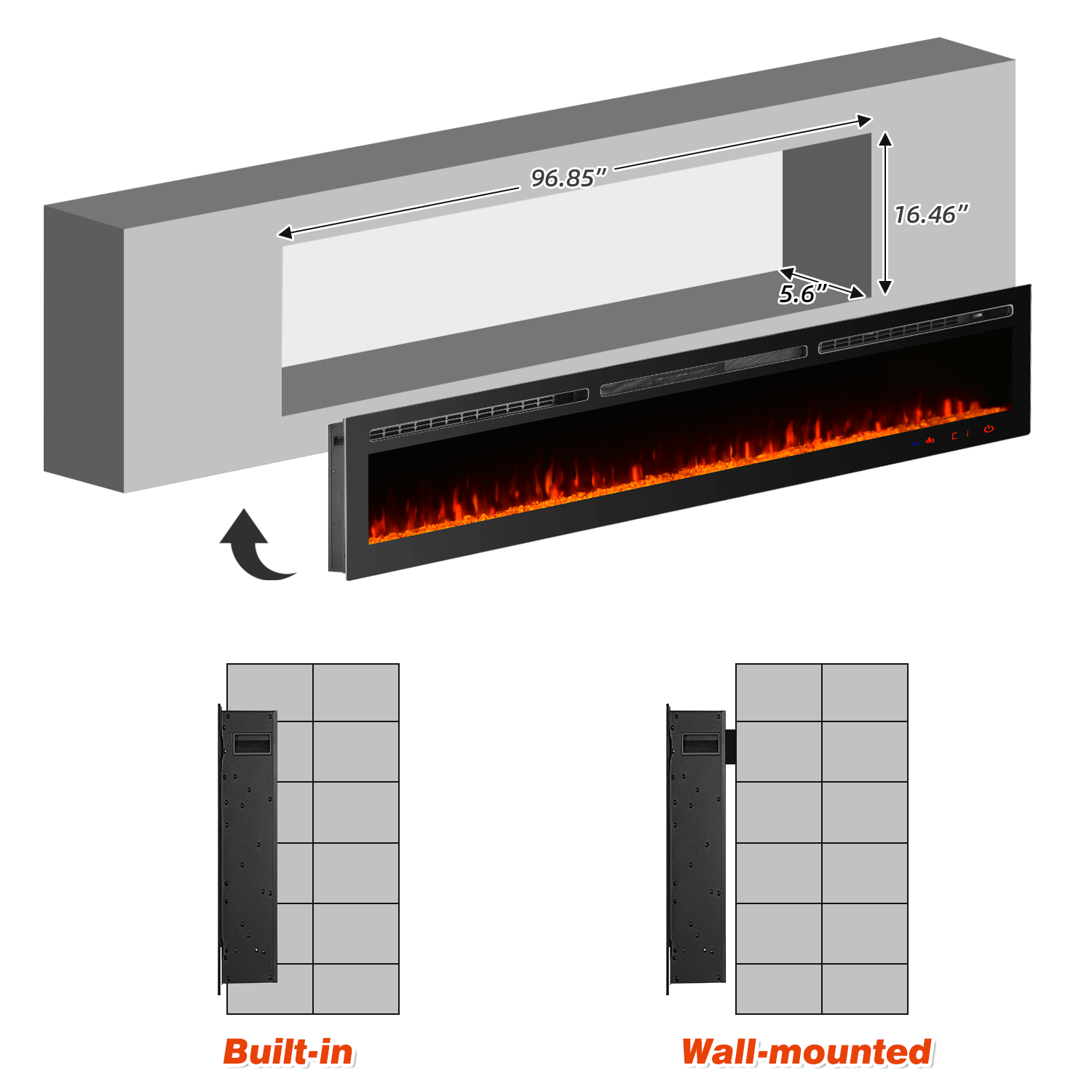 Homrest 100 inch Electric Fireplace, Wall Mounted Fireplace Insert with Remote Control