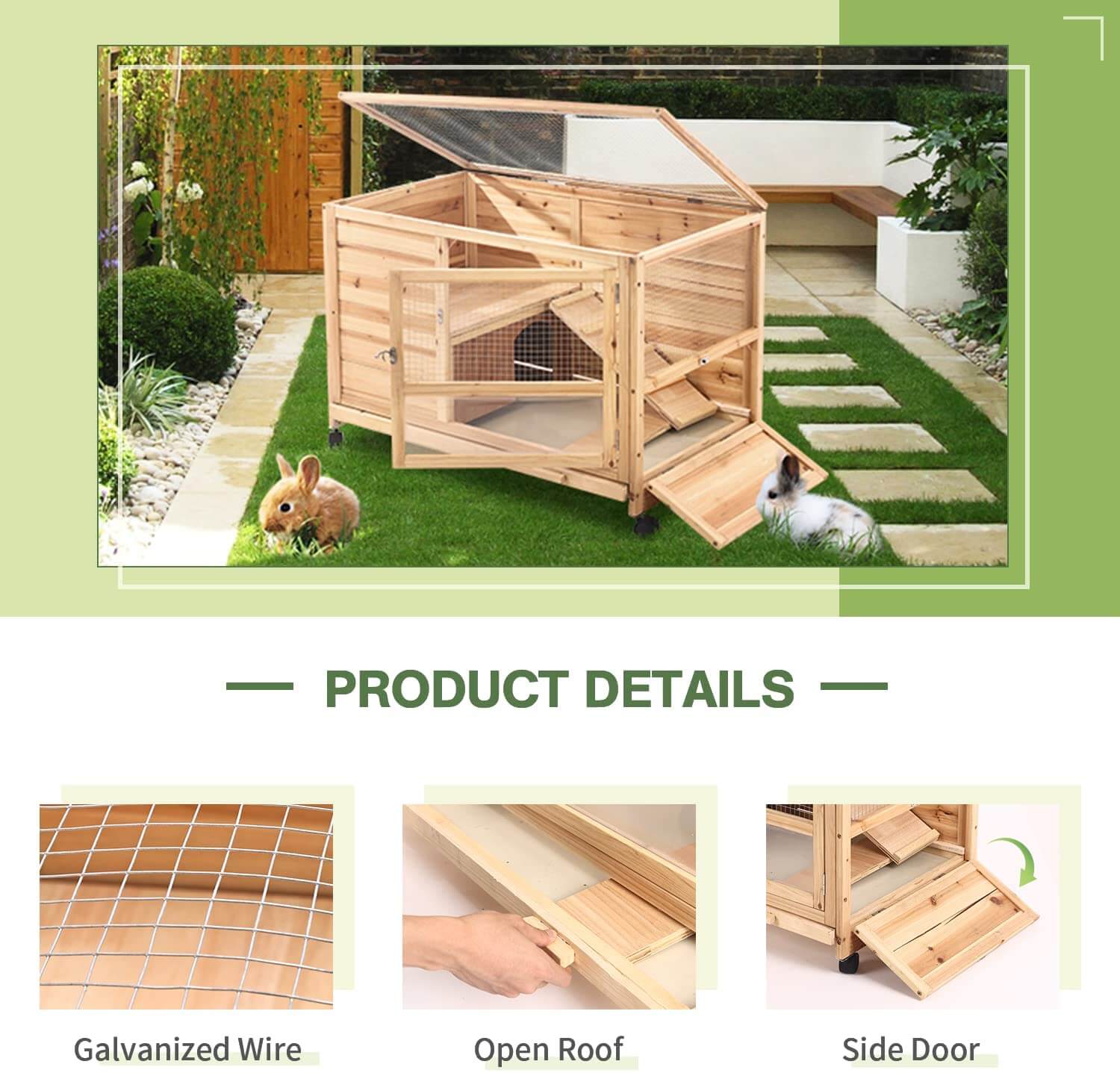Homrest 36" Indoor and Outdoor Wooden Rabbit Hutch, Cage, w/Removable Tray, Safety Lock, Galvanized Mesh Wires, Access Ramps