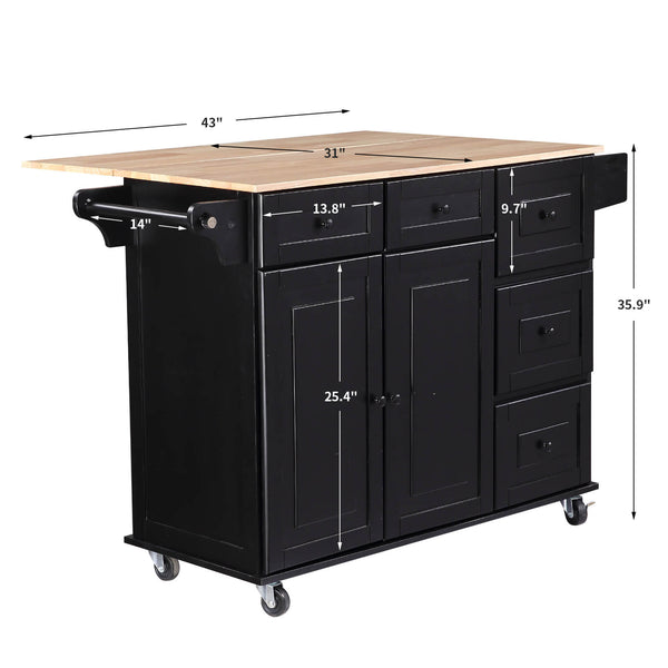 Dimensions of Homrest kitchen island rolling mobile island with wooden countertop for kitchen, black