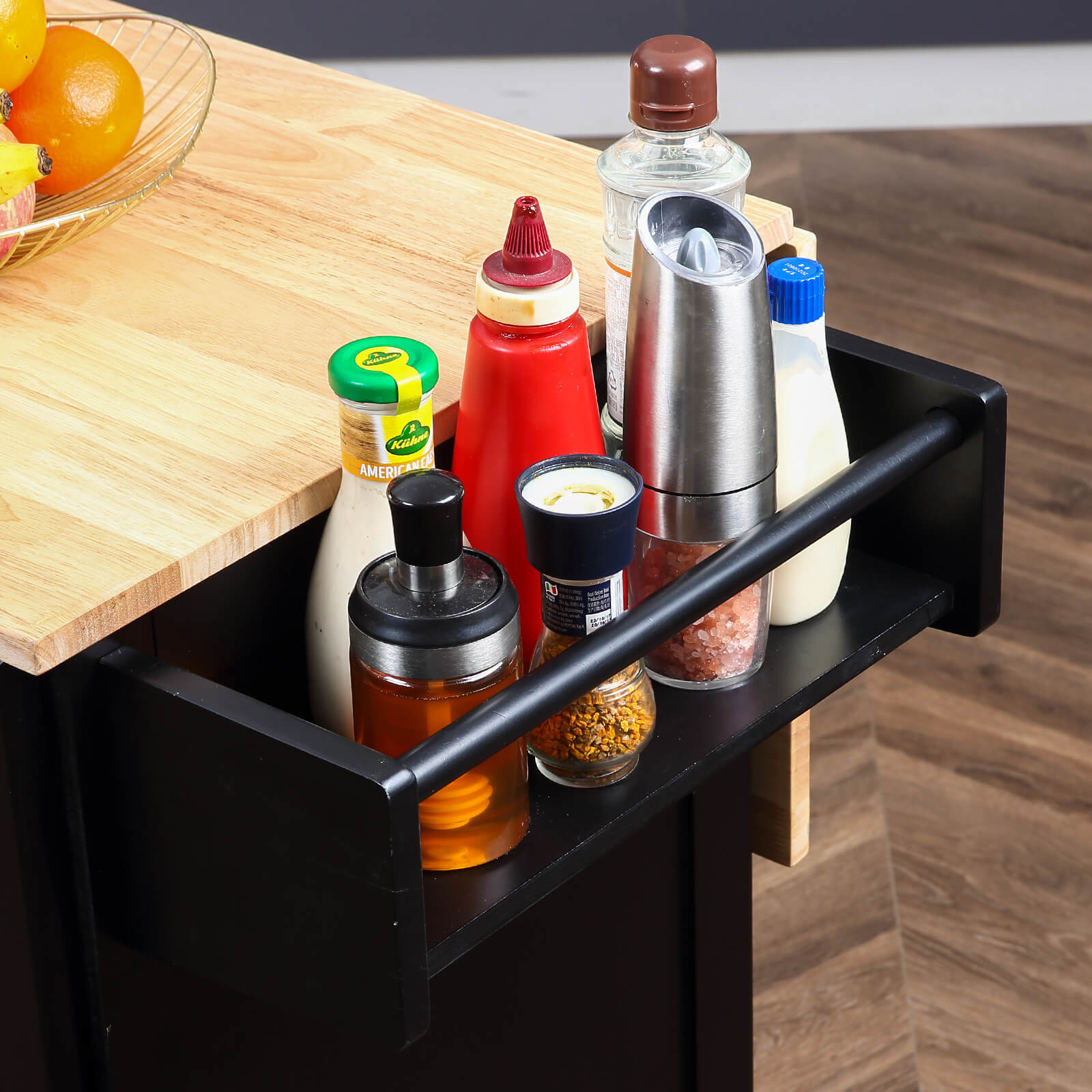 Homrest kitchen island rolling mobile island with wooden countertop for kitchen, black