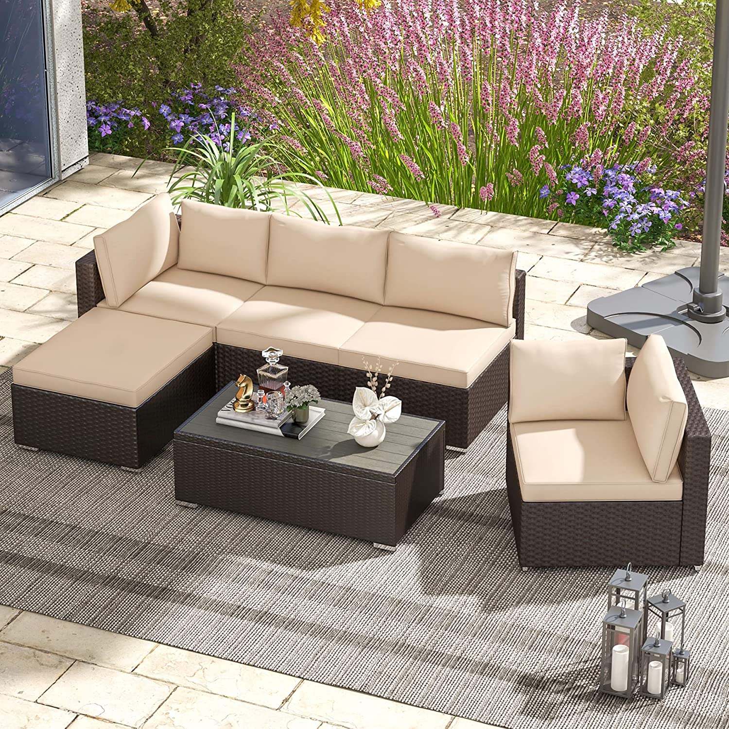 6 Pcs Outdoor Sectional Sofa Set Clearance Patio Rattan Furniture with Coffee Table, All Weather Wicker Conversation Set(Khaki) | Homrest Furniture