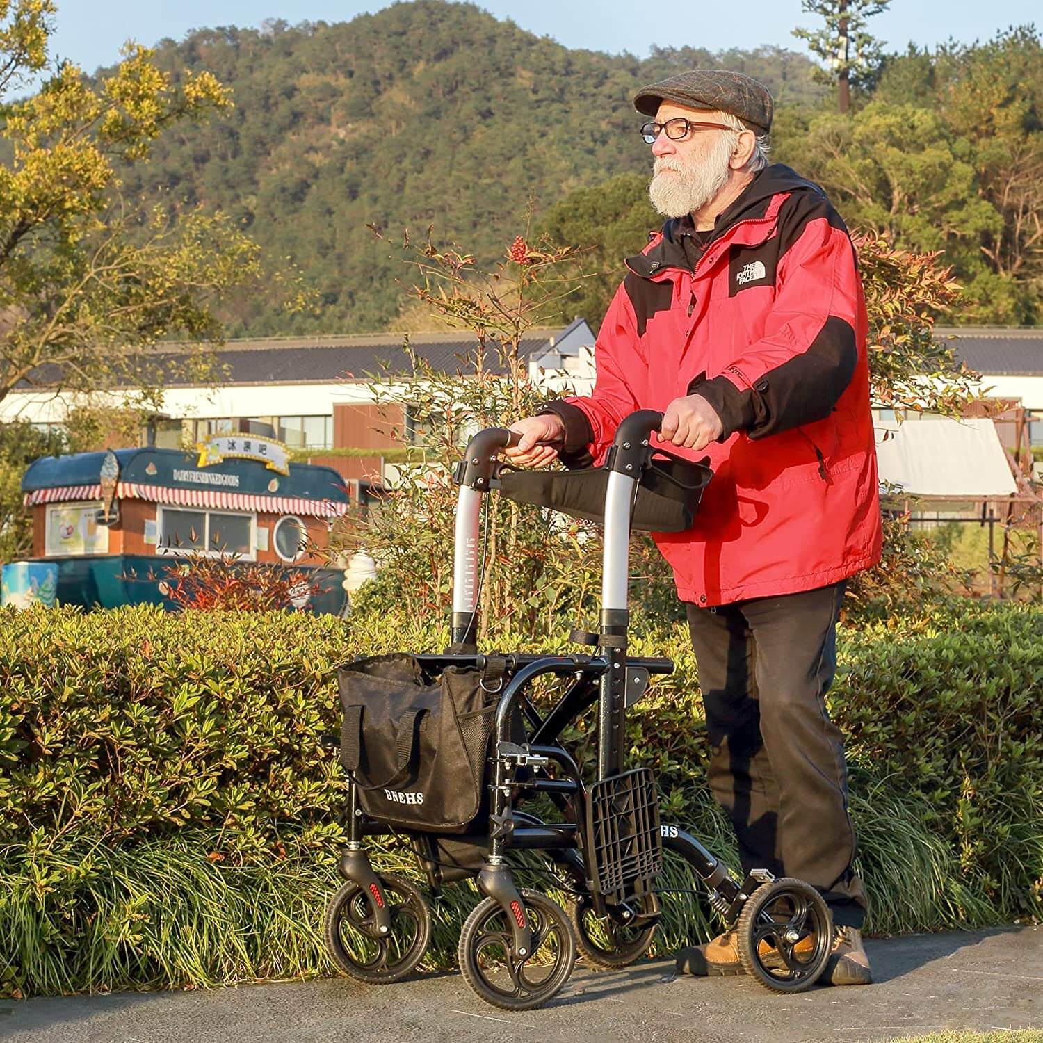 Homrest rollator walker with seat, folding rolling walker, black