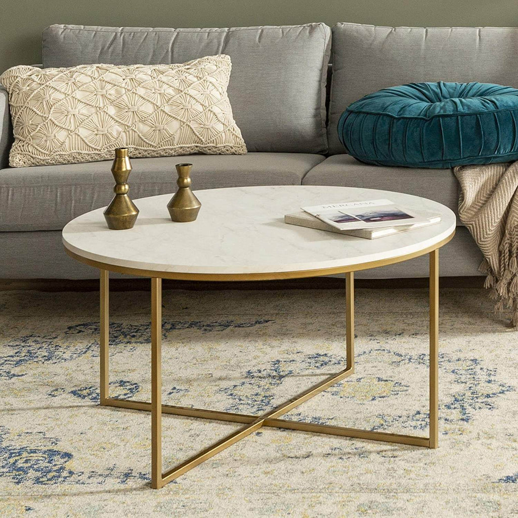 Modern Round Coffee Accent Table Living Room, Marble/Gold