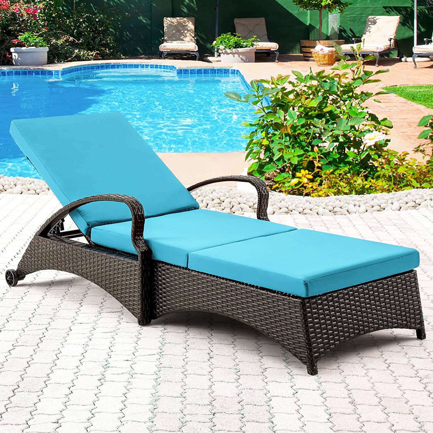 Outdoor Lounge Chaise Chairs Black Rattan Lounger with Blue Cushion & Armchairs