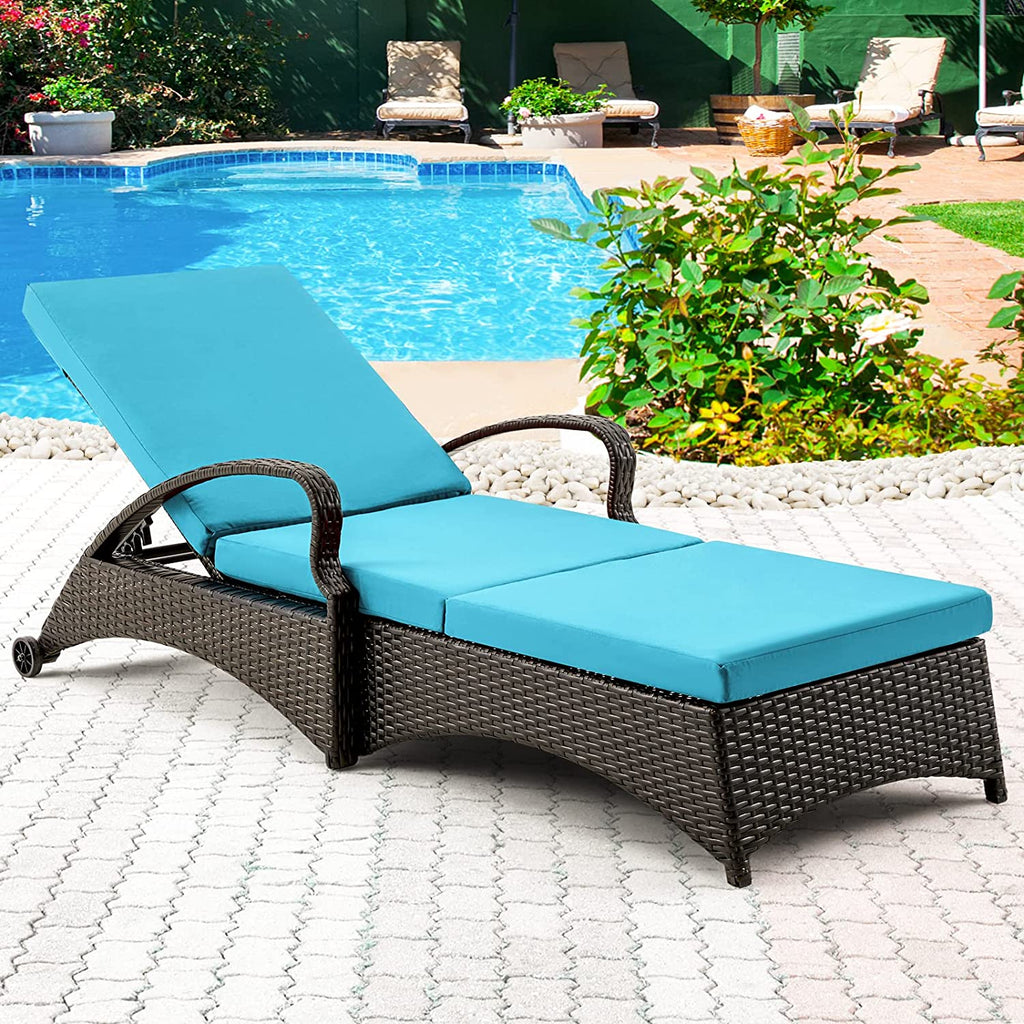Outdoor Lounge Chaise Chairs Black Rattan Lounger with Blue Cushion & Armchairs