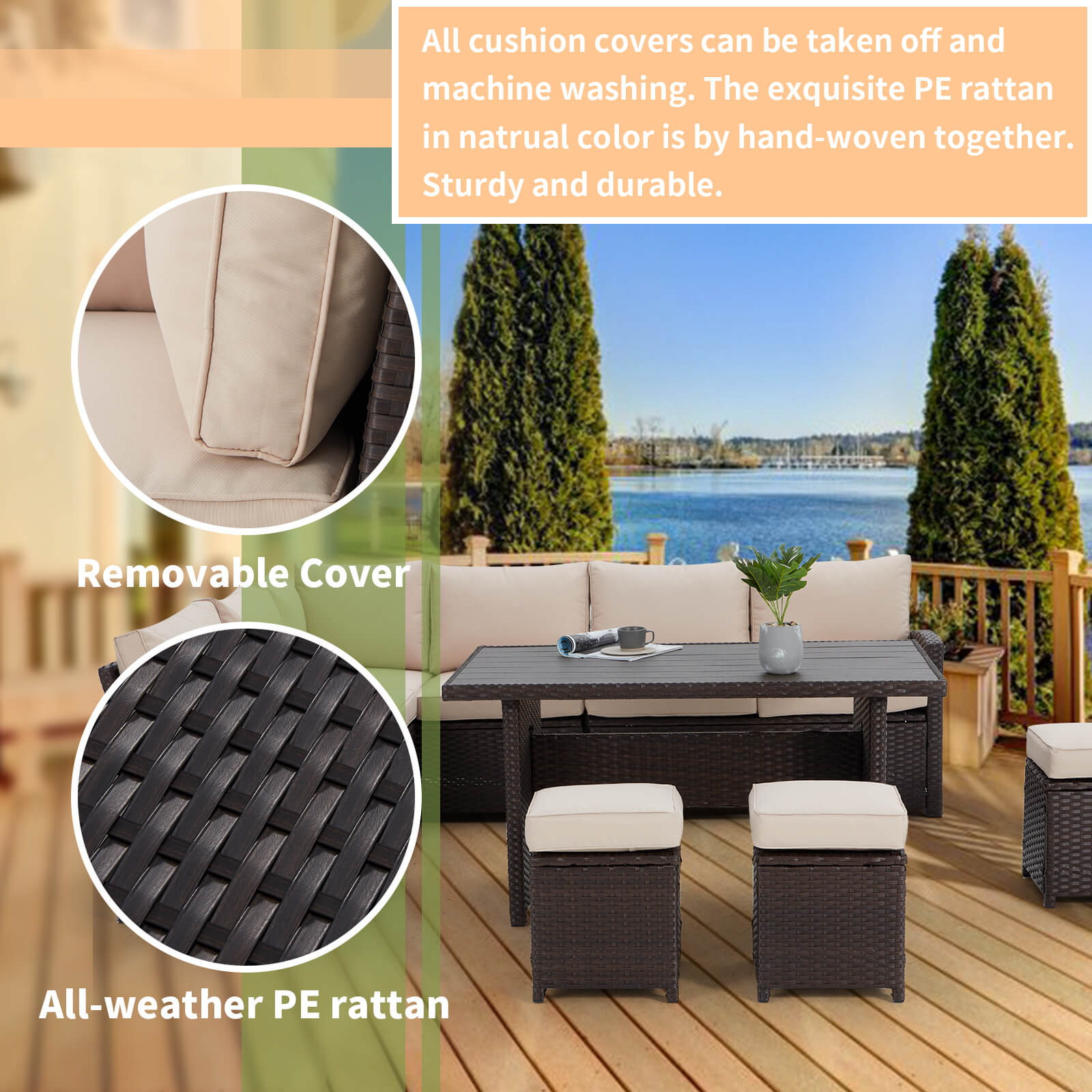 Homrest 7 Pieces Patio Furniture Set, Outdoor Sectional Dining Sofa Set with Table & 3 Ottomans (Khaki)