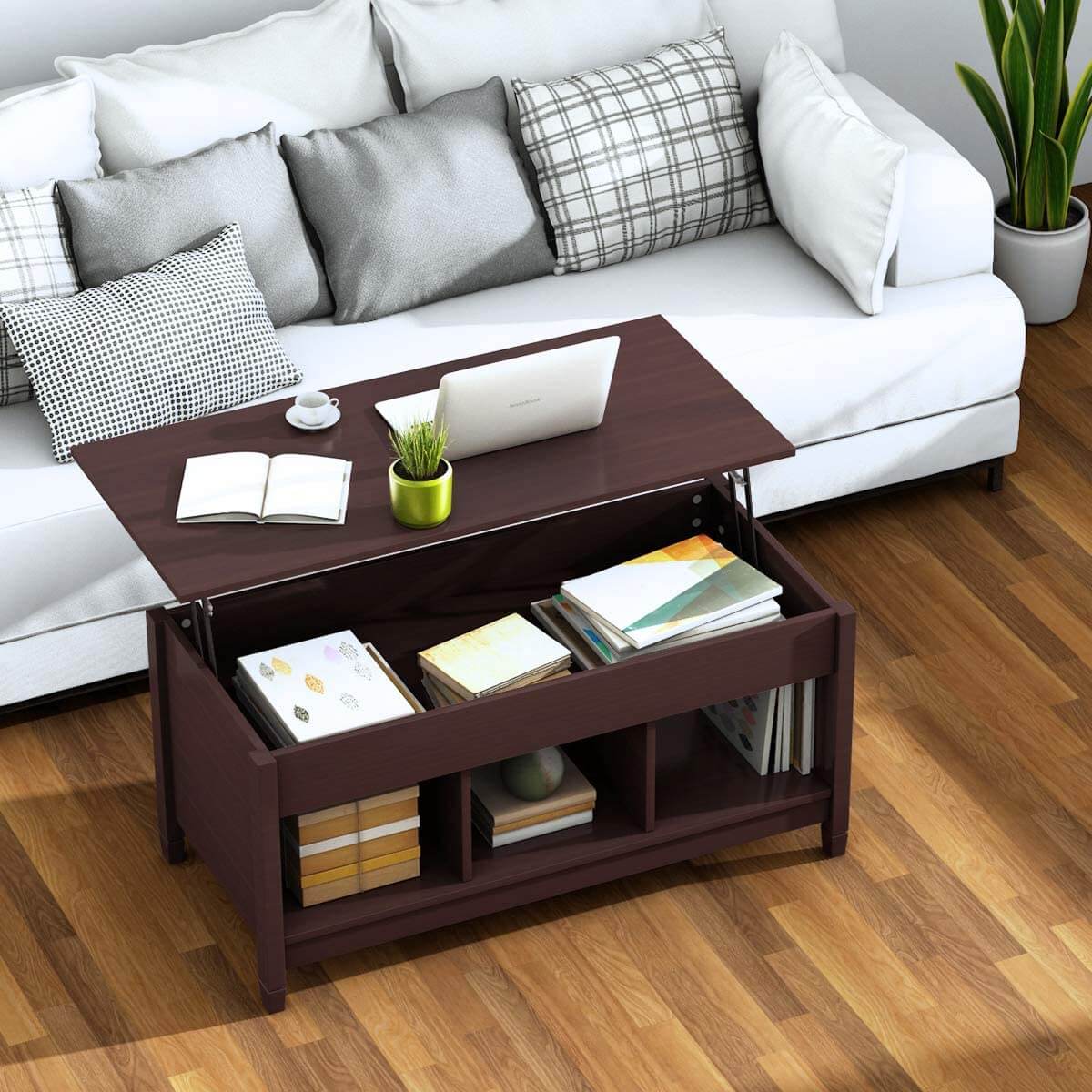 Homrest Coffee Table Lift Tabletop Wood Home Living Room Modern Lift Top Storage Brown