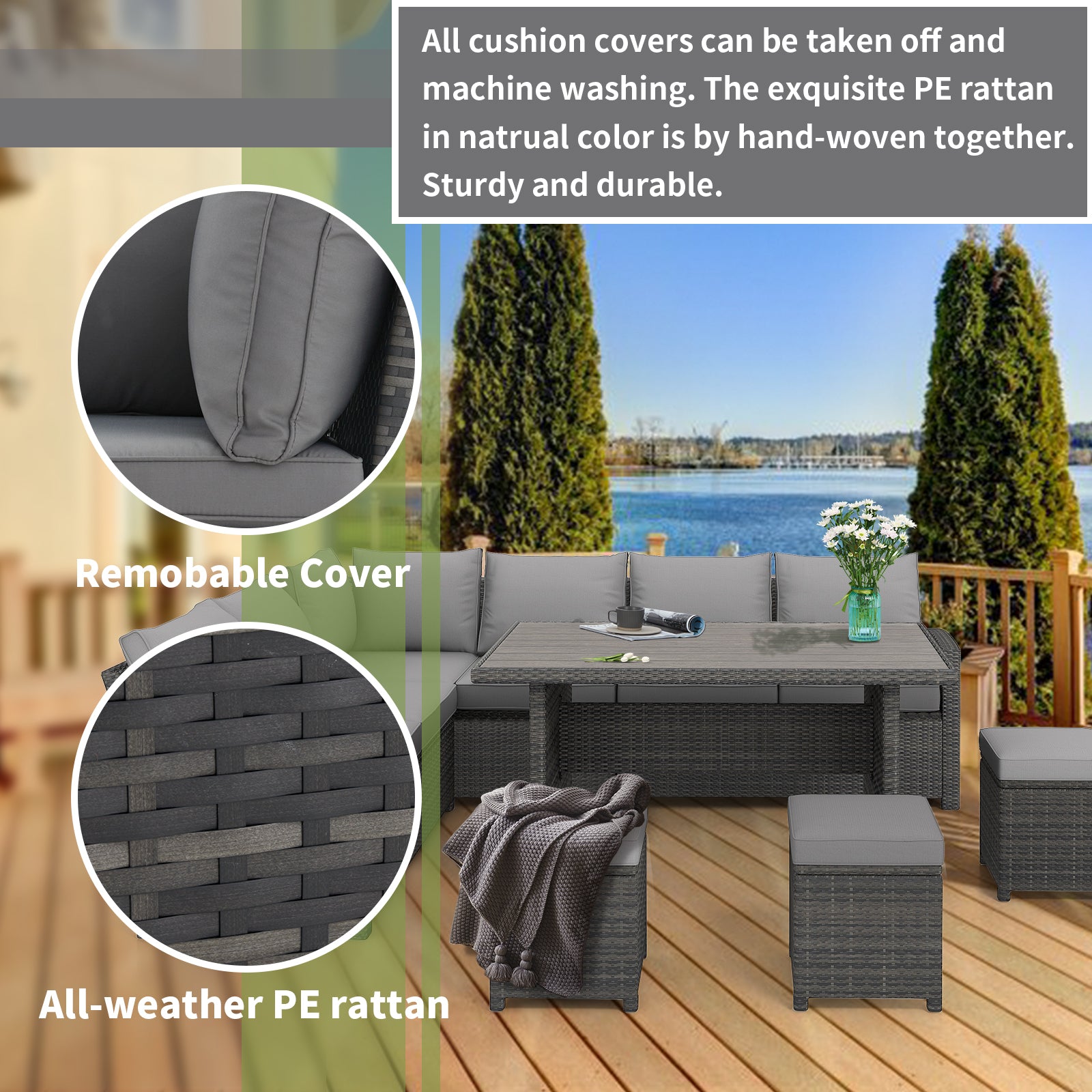 7 Pieces Patio Furniture Set, Outdoor Sectional Dining Set with Table & 3 Ottomans(Grey) | Homrest