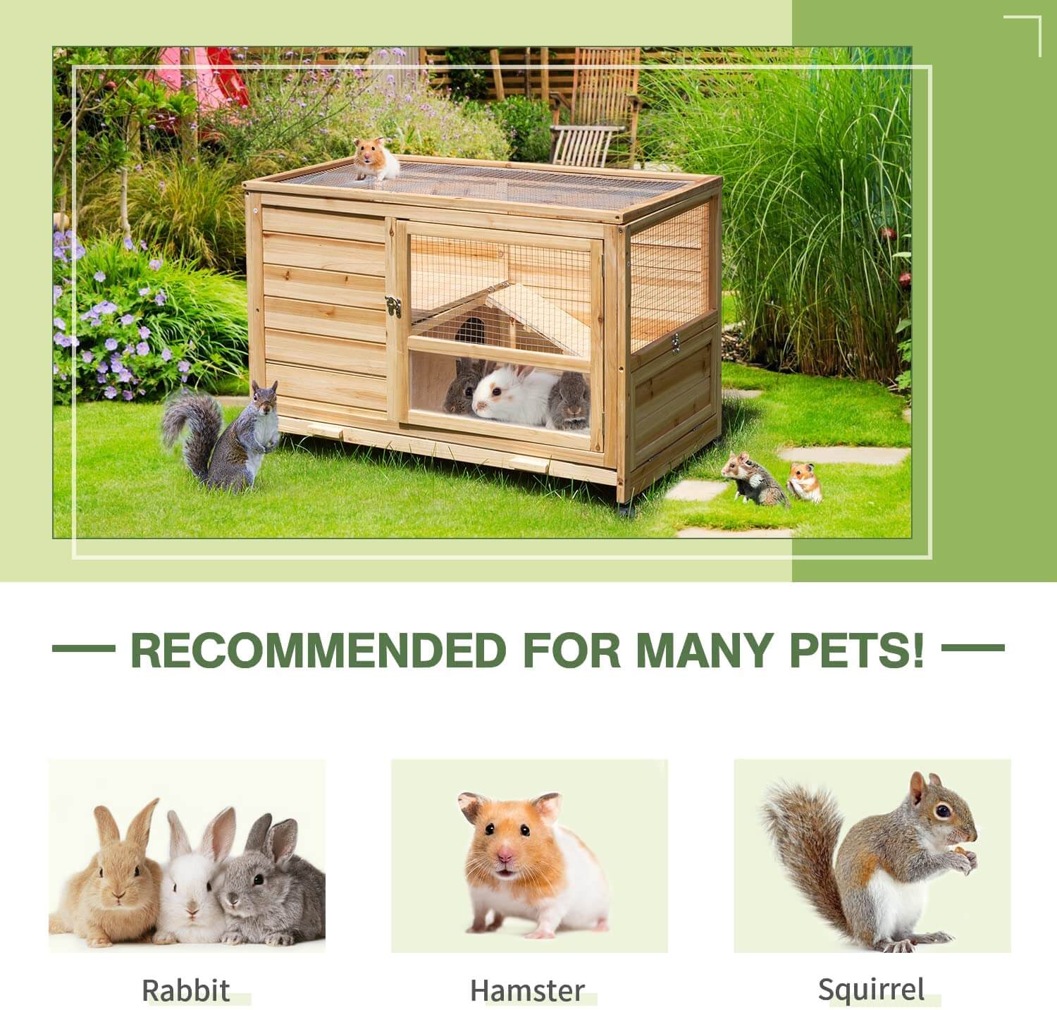Homrest 36" Indoor and Outdoor Wooden Rabbit Hutch, Cage, w/Removable Tray, Safety Lock, Galvanized Mesh Wires, Access Ramps