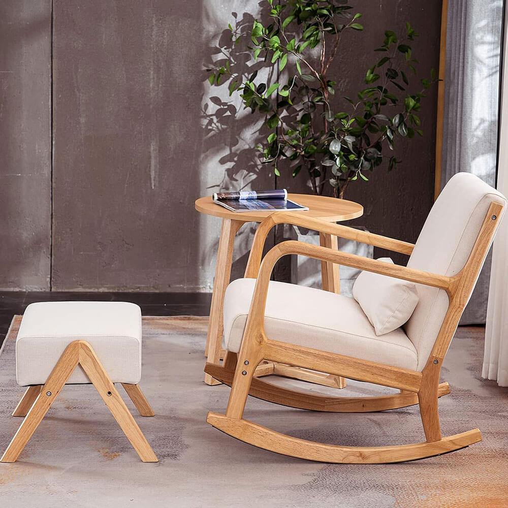Homrest Fabric Rocking Chair, Mid-Century Glider Rocker with Padded Seat, with Ottoman, Seat Wood Base, Linen Accent Chair for Living Room