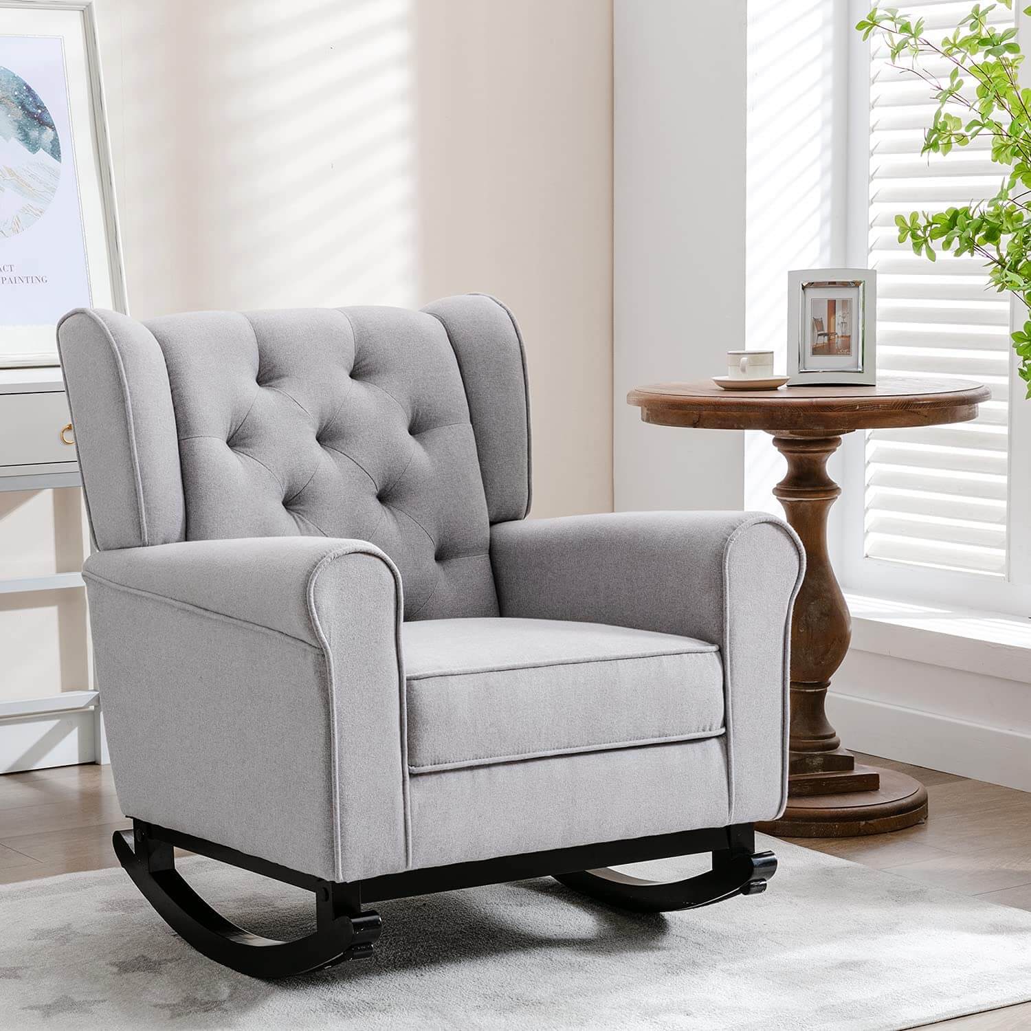 Homrest Mid Century Modern Rocking Chair, Tufted Upholstered Glider with High Back for Living Room, Gray