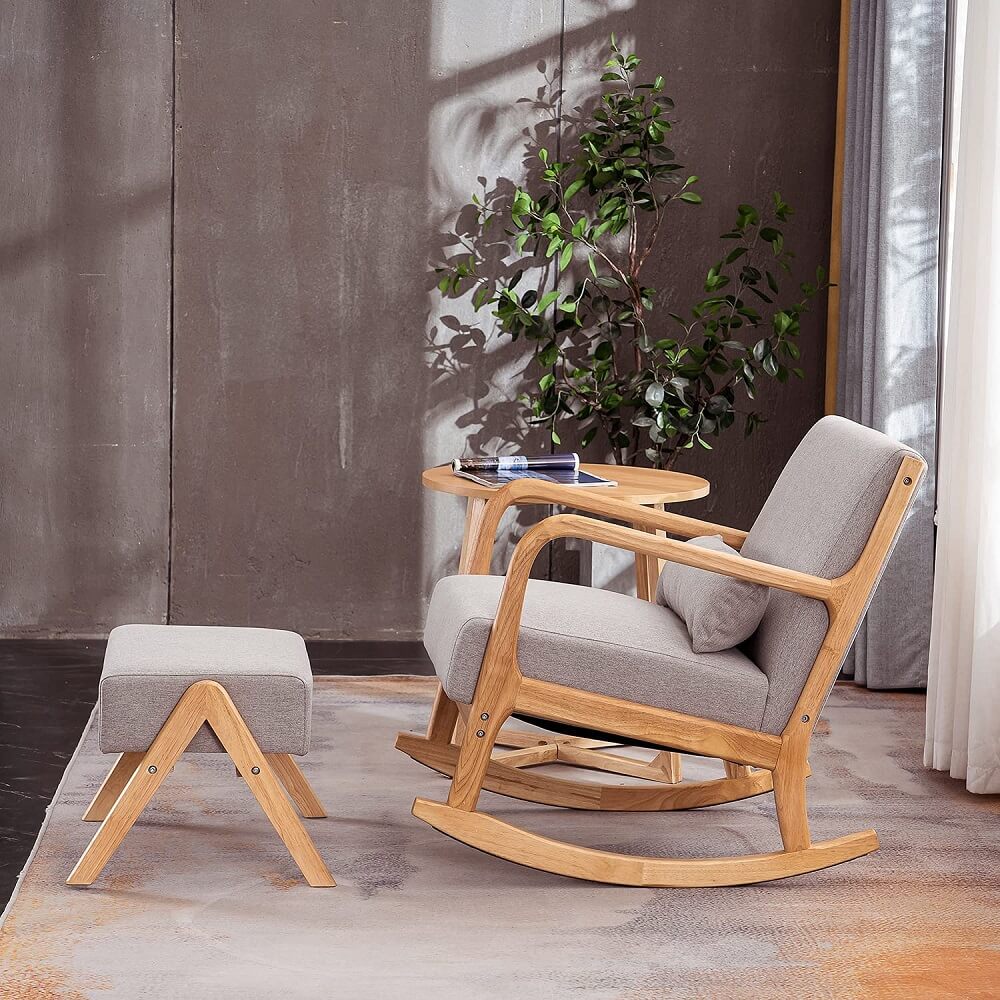 Homrest Fabric Rocking Chair Mid-Century Glider Rocker with Padded Seat, with Ottoman Linen Accent Chair Gray