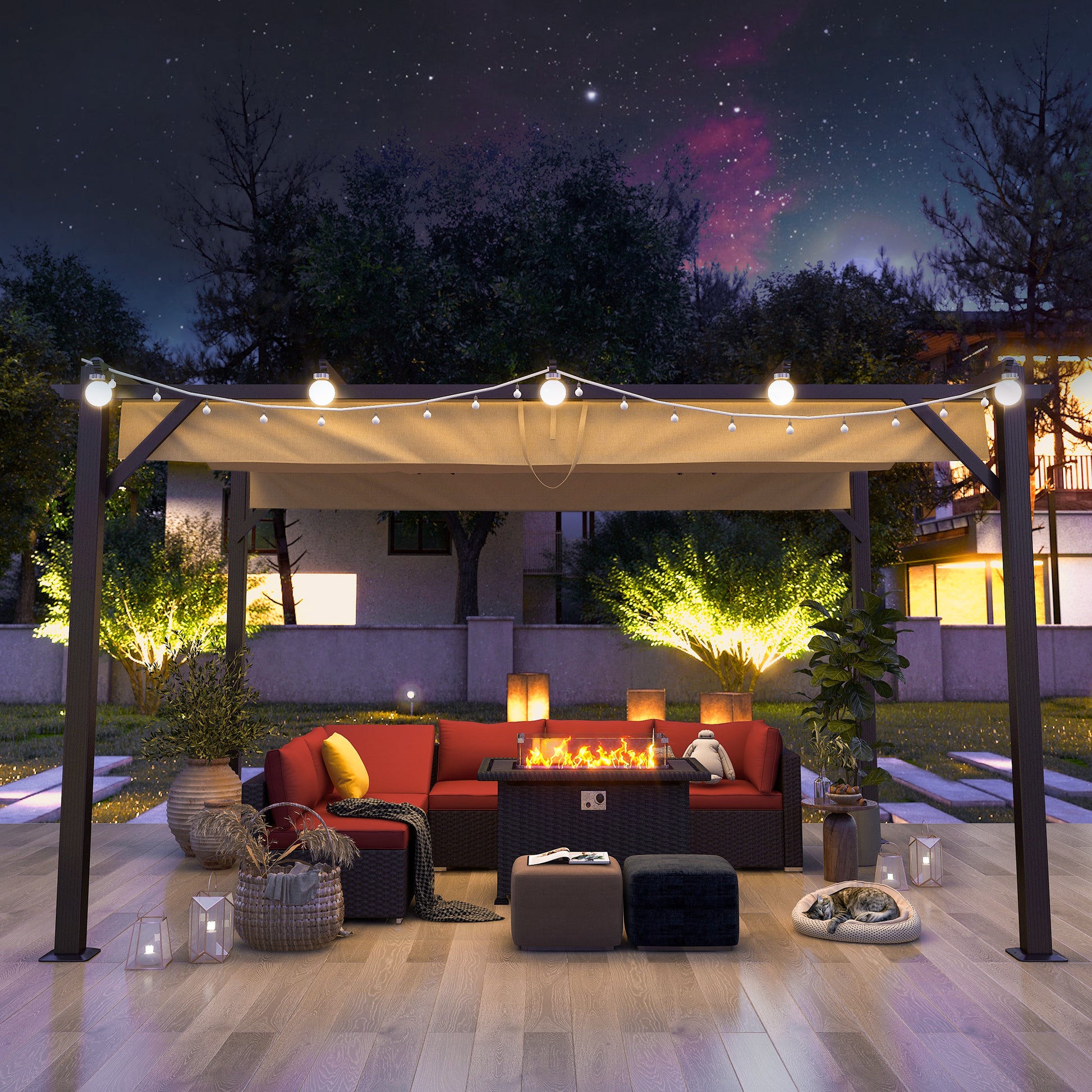Homrest 13' X 10' Retractable Pergola, Patio Gazebo Grape Trellis with Removable Sun Shade Canopy（Khaki）