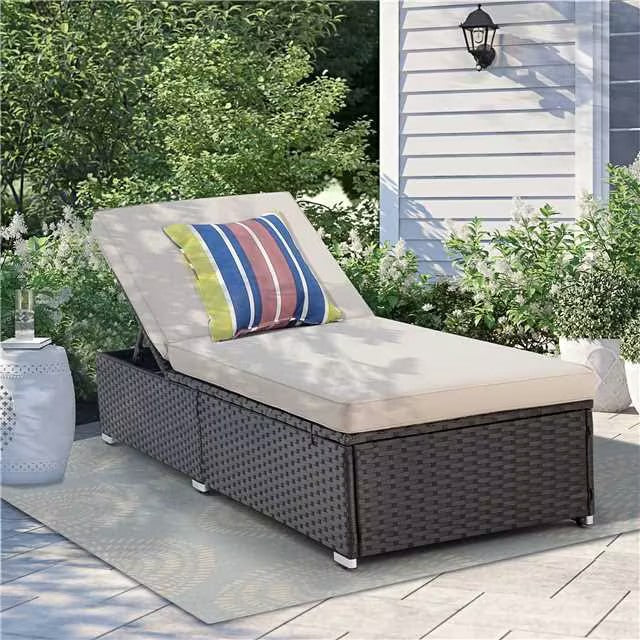 HOMREST Patio Lounge Chair Set of 2, Brown Rattan Reclining Chair Furniture Set with Khaki Cushion