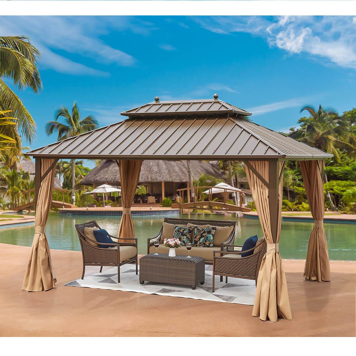  Homrest 0'x13' Hardtop Gazebo Galvanized Steel Gazebos with Netting & Curtain