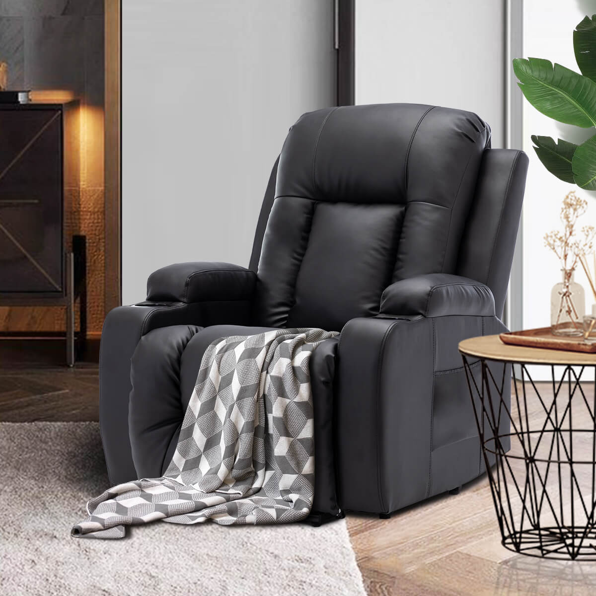 Power Lift Recliner Chair with Massage & Heat for Elderly, PU Leather Electric Recliner with 2 Side Pockets, Cup Holders & USB Port (Black)