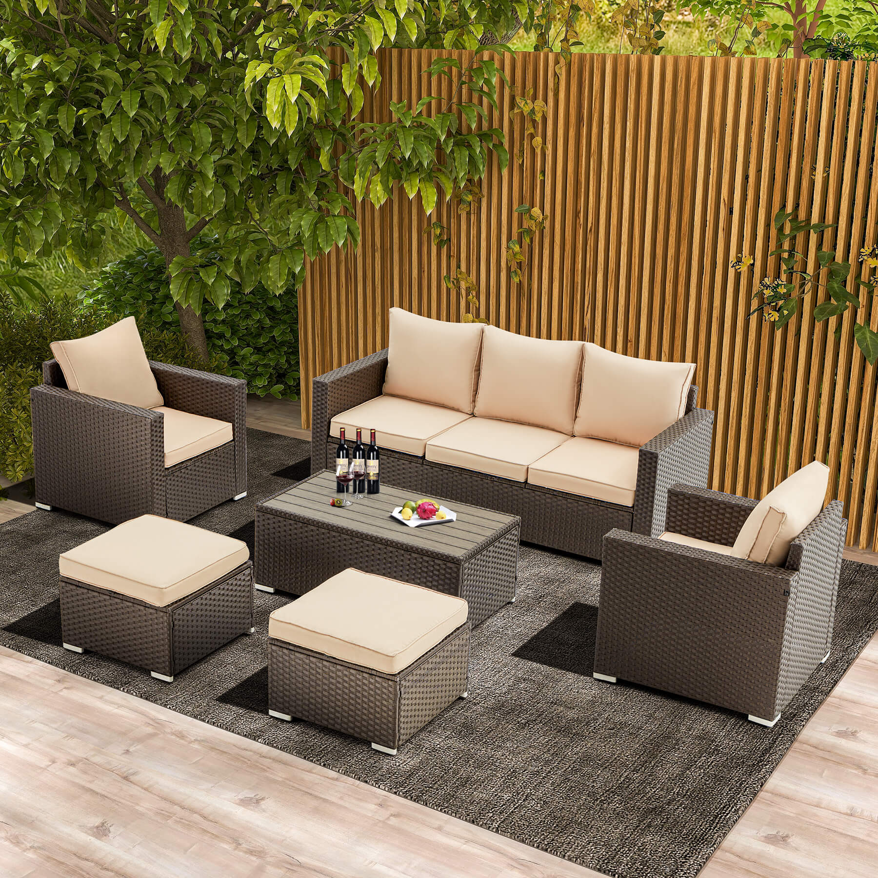Homrest 6 pcs patio furniture set with coffee table, khaki