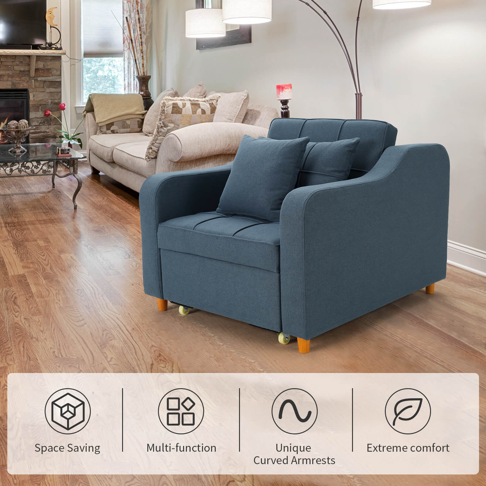 Homrest Sofa Bed 3-in-1 Convertible Chair Multi-Functional Sofa Bed Adjustable Recliner(Blue Grey)