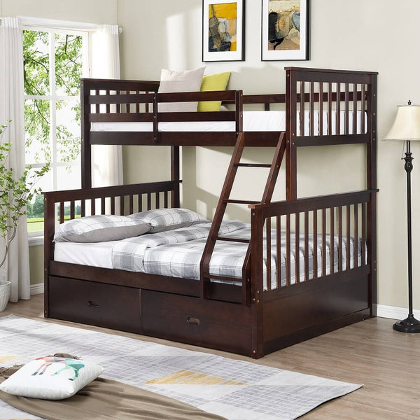 Homrest Solid Wood Bunk Beds for Kids, Twin Over Full Bunk Bed with 2 Drawers, Espresso