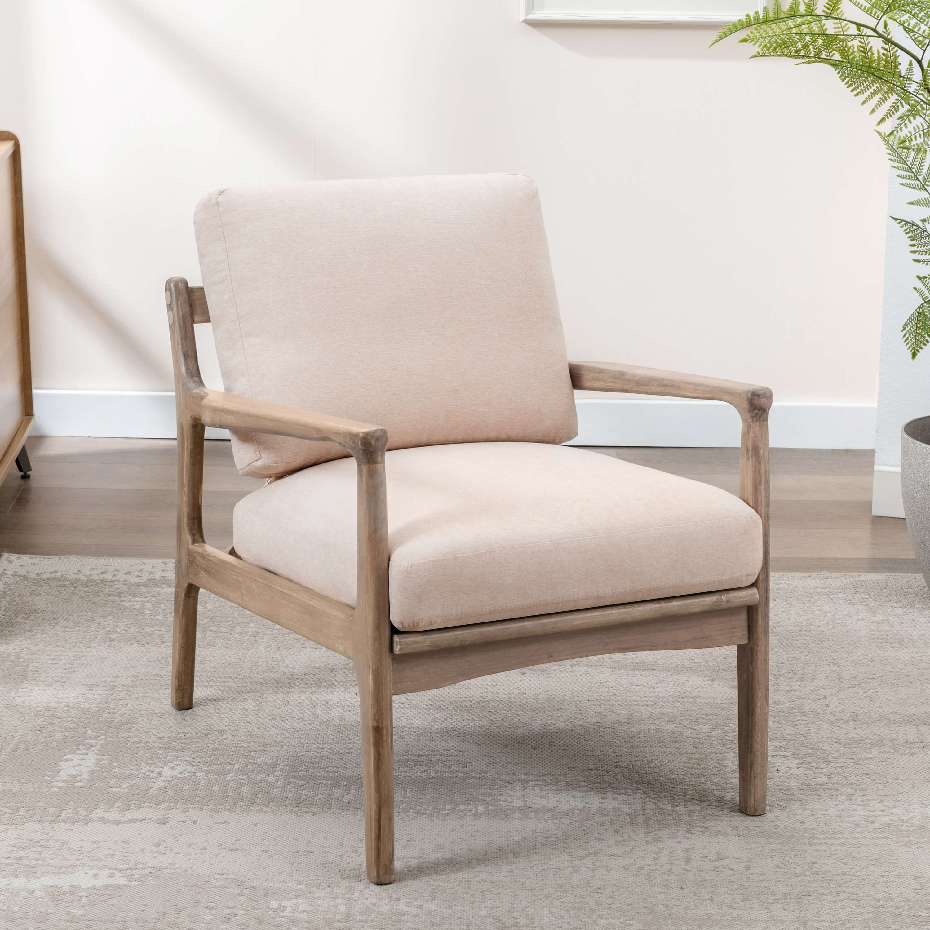 Homrest mid century modern accent chair with wood frame for living room, bedroom and home office, tan linen
