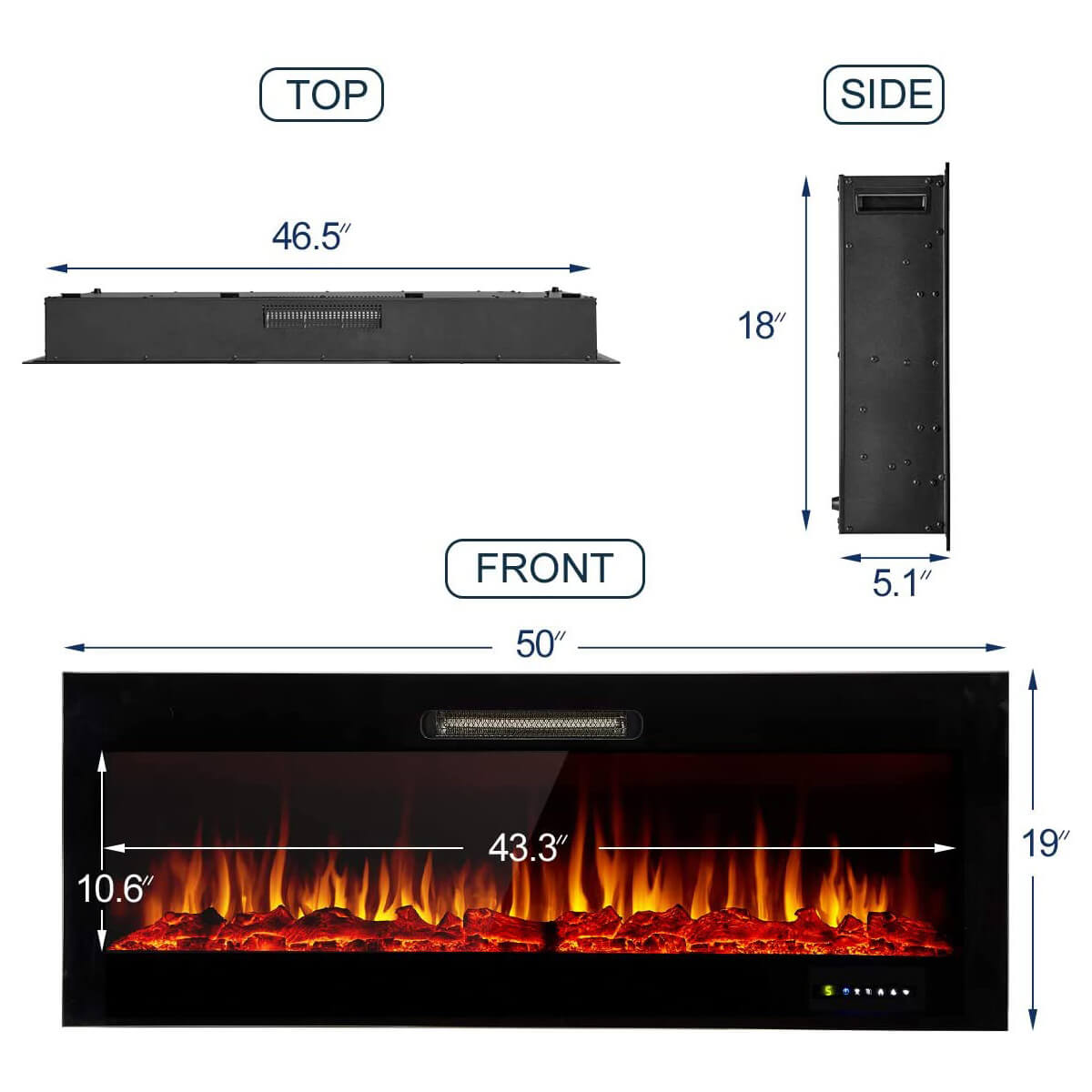 Homrest 50" Recessed Mounted Electric Fireplace Insert with Touch Screen Control Panel & Remote Control