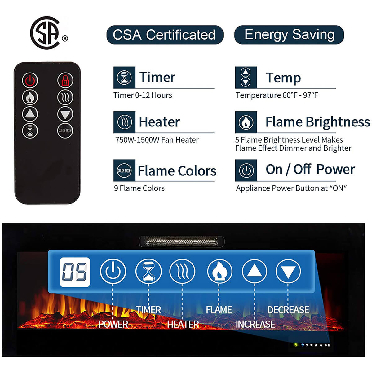 Homrest 50" Recessed Mounted Electric Fireplace Insert with Touch Screen Control Panel & Remote Control