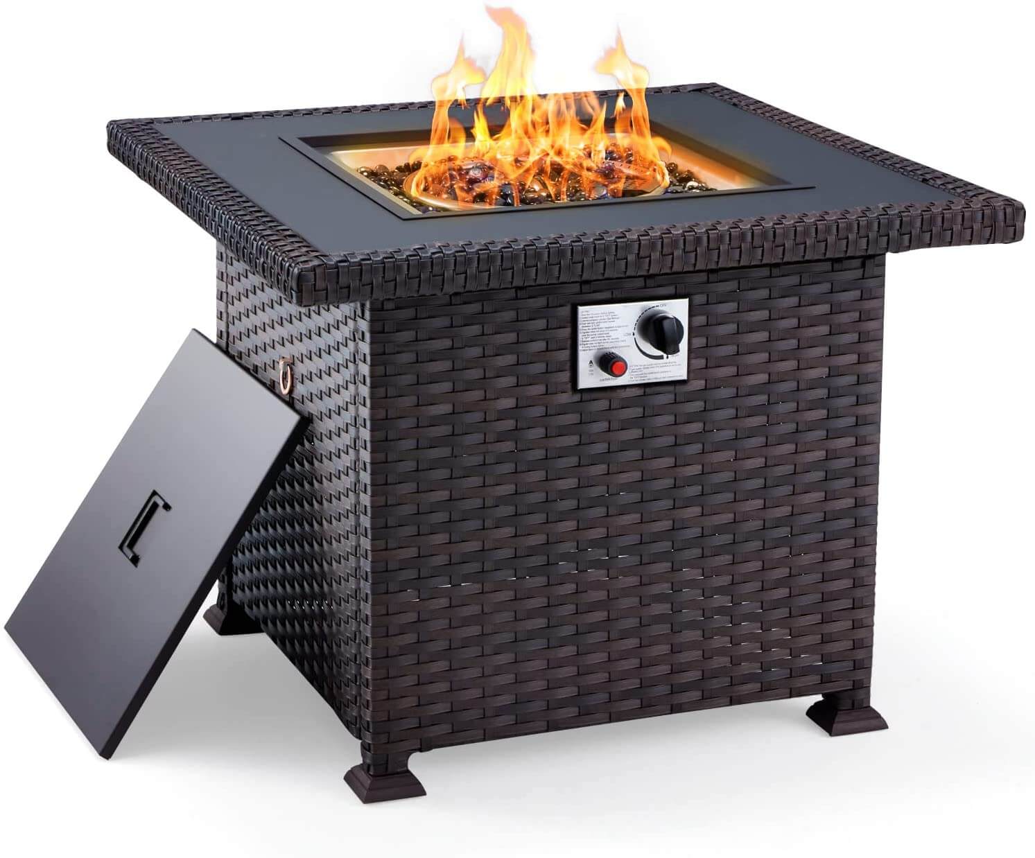 Homrest 32'' Propane Fire Pit Table, 50000 BTU Square Gas Fire Pit w/Glass Rocks, Brown