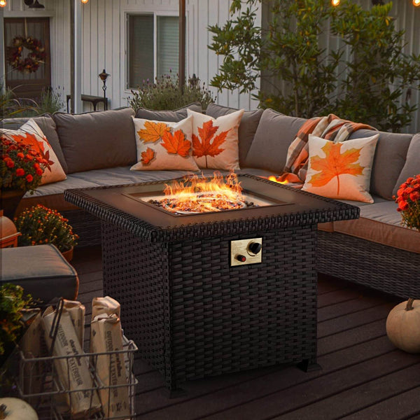 Homrest 32'' Propane Fire Pit Table, 50000 BTU Square Gas Fire Pit w/Glass Rocks, Brown