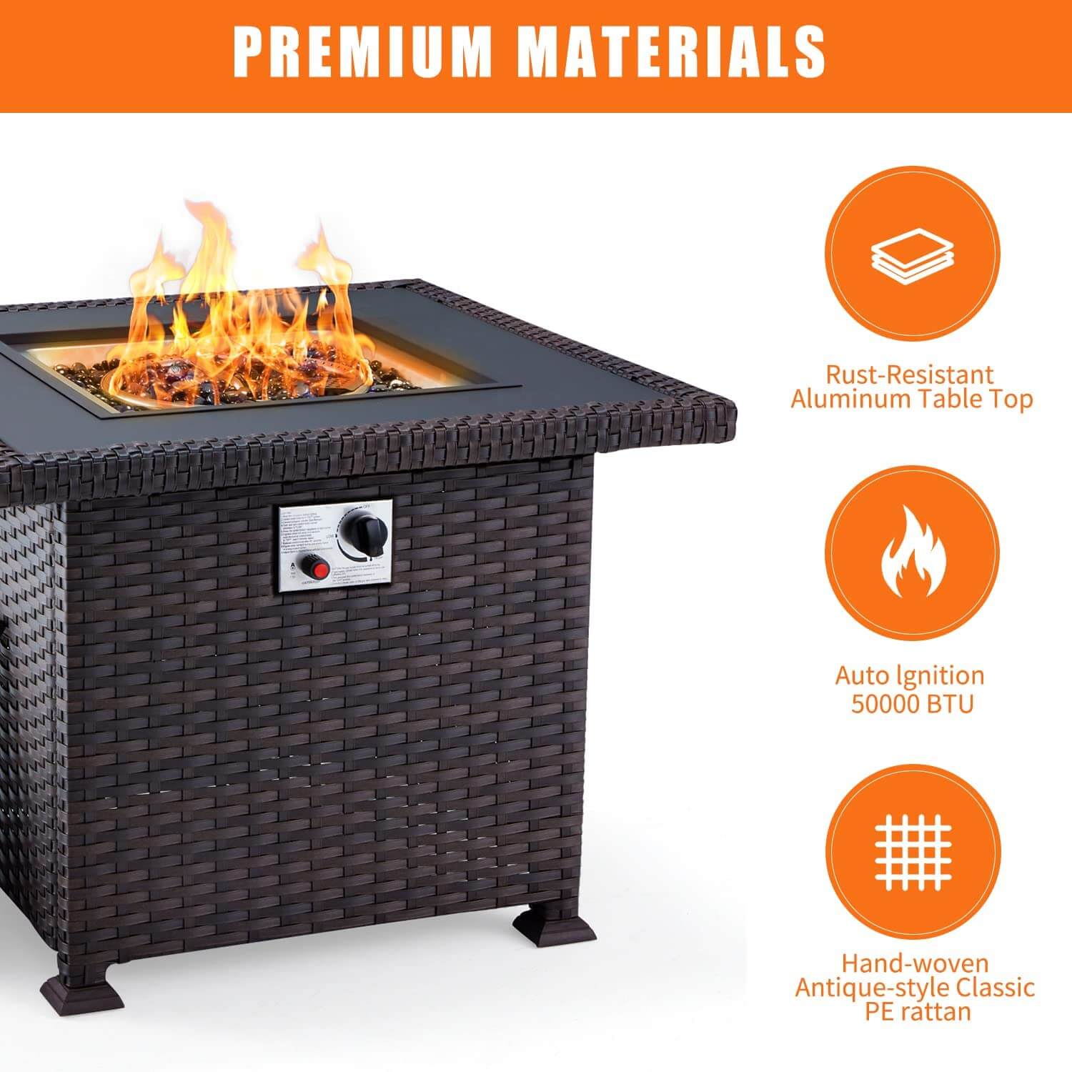 Homrest 32'' Propane Fire Pit Table, 50000 BTU Square Gas Fire Pit w/Glass Rocks, Brown