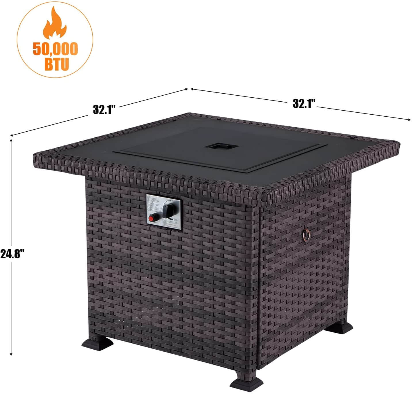 Homrest 32'' Propane Fire Pit Table, 50000 BTU Square Gas Fire Pit w/Glass Rocks, Brown
