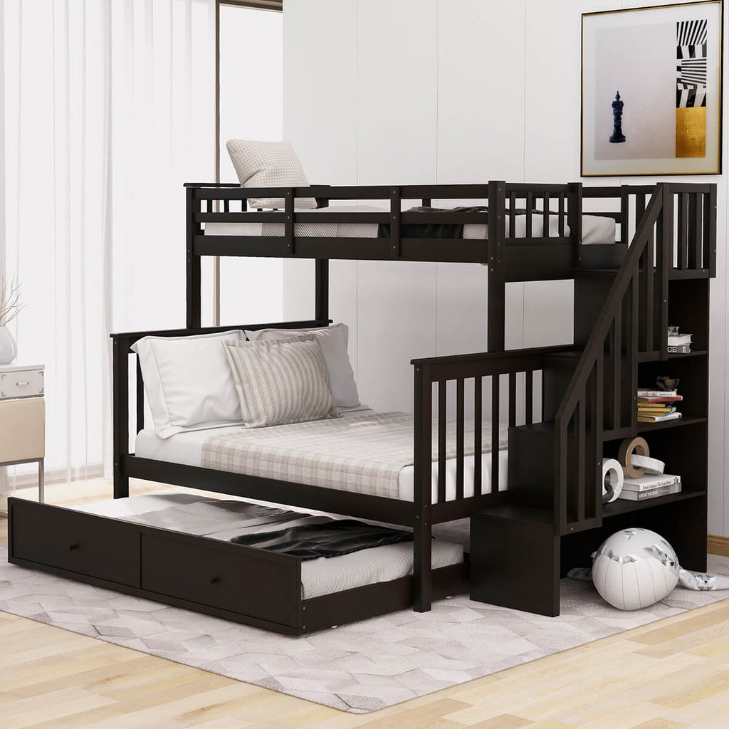Homrest Twin-Over-Full Stairway Bunk Bed with Twin Size Trundle Bed, Wood Bunk Bed for Kids & Teens with 4 Storage Shelves Espresso
