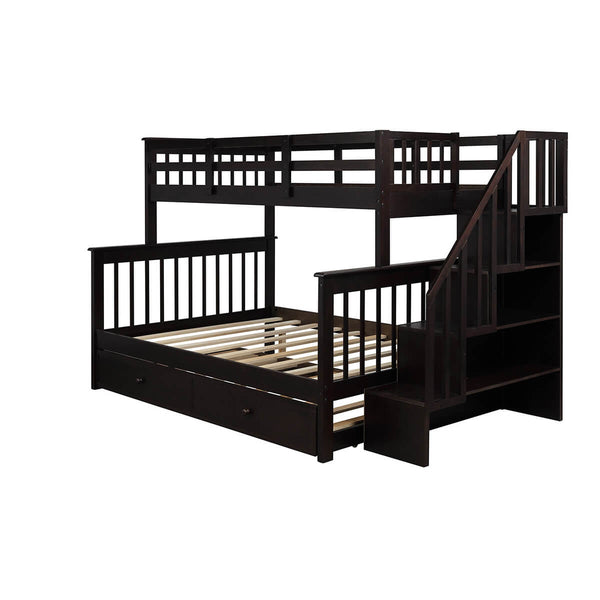 Homrest Twin-Over-Full Stairway Bunk Bed with Twin Size Trundle Bed, Wood Bunk Bed for Kids & Teens with 4 Storage Shelves Espresso