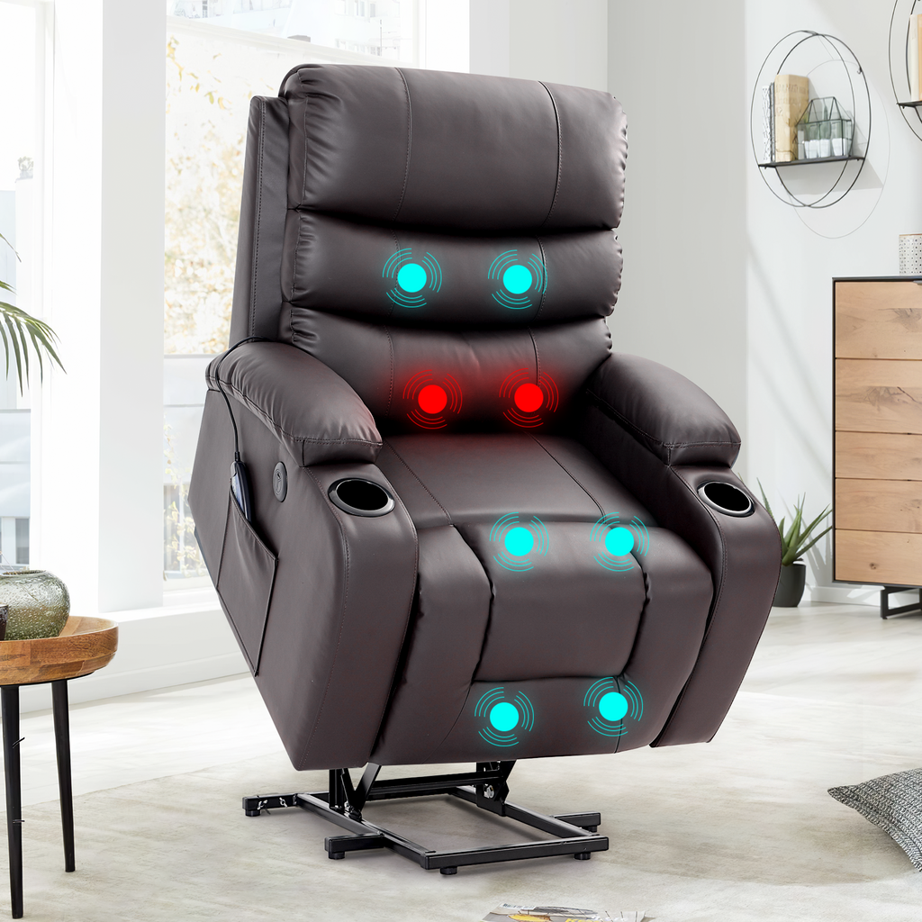 Homrest Power Lift Recliner Chair with Massage & Heat for Elderly, Microfiber Electric Recliner with 2 Pockets, Cup Holders & USB Port (Brown)