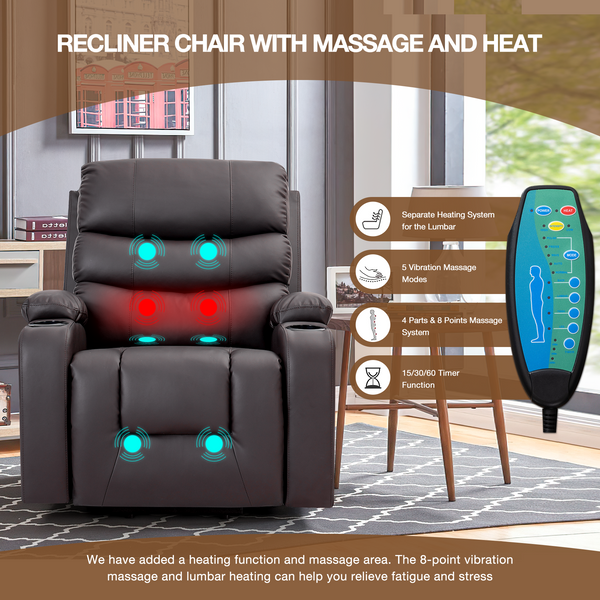 Homrest Power Lift Recliner Chair with Massage & Heat for Elderly, Microfiber Electric Recliner with 2 Pockets, Cup Holders & USB Port (Brown)
